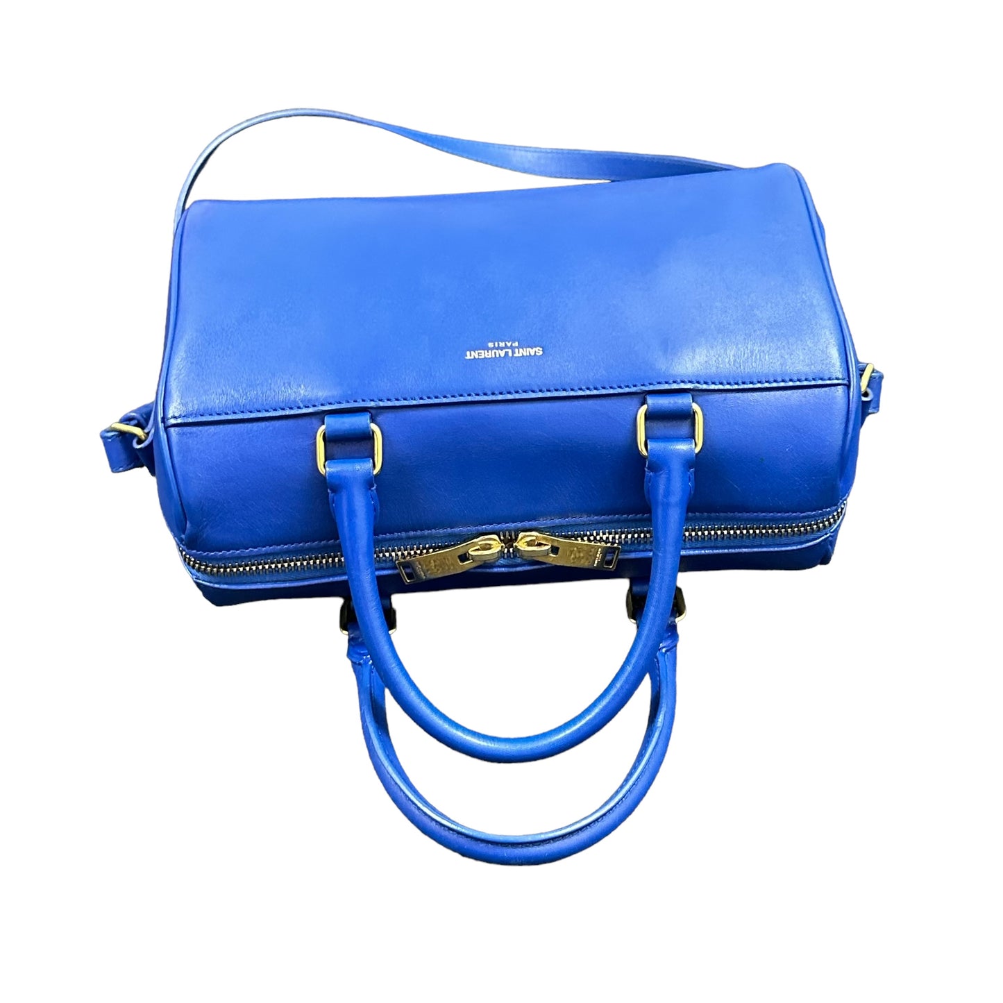 YSL Yves Saint Laurent Cobalt Blue Mini Calfskin Boston Two-Way Strap Speedy Bag