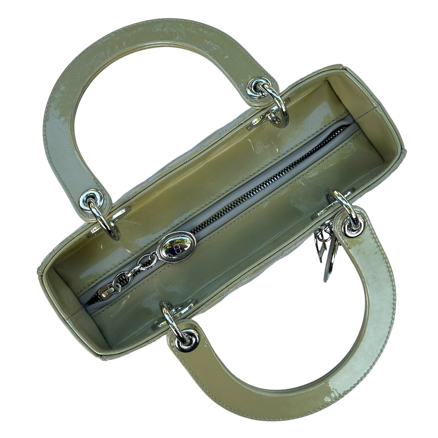 Christian Dior Lady Green Pearl Silver Cannage Patent Leather Zip Two-Way Purse