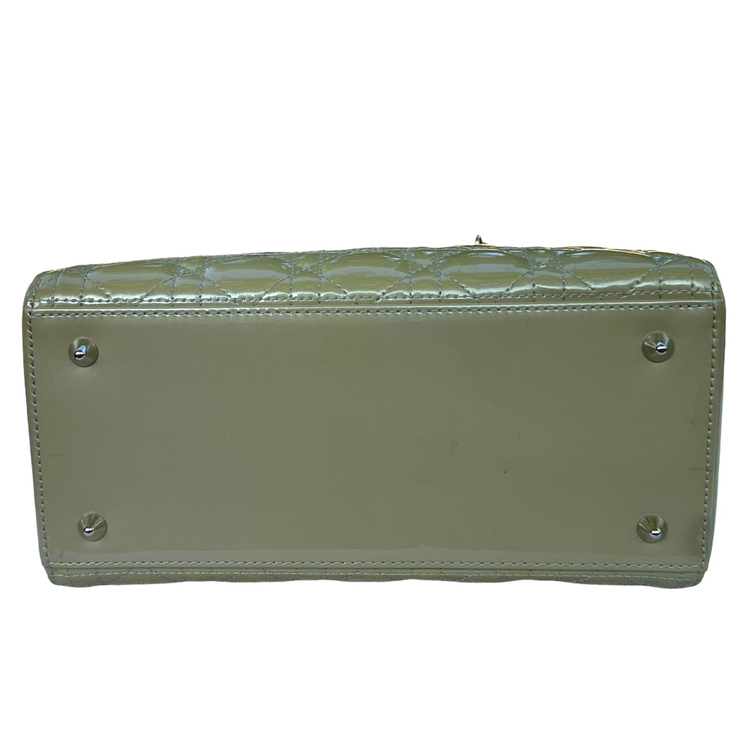 Christian Dior Lady Green Pearl Silver Cannage Patent Leather Zip Two-Way Purse