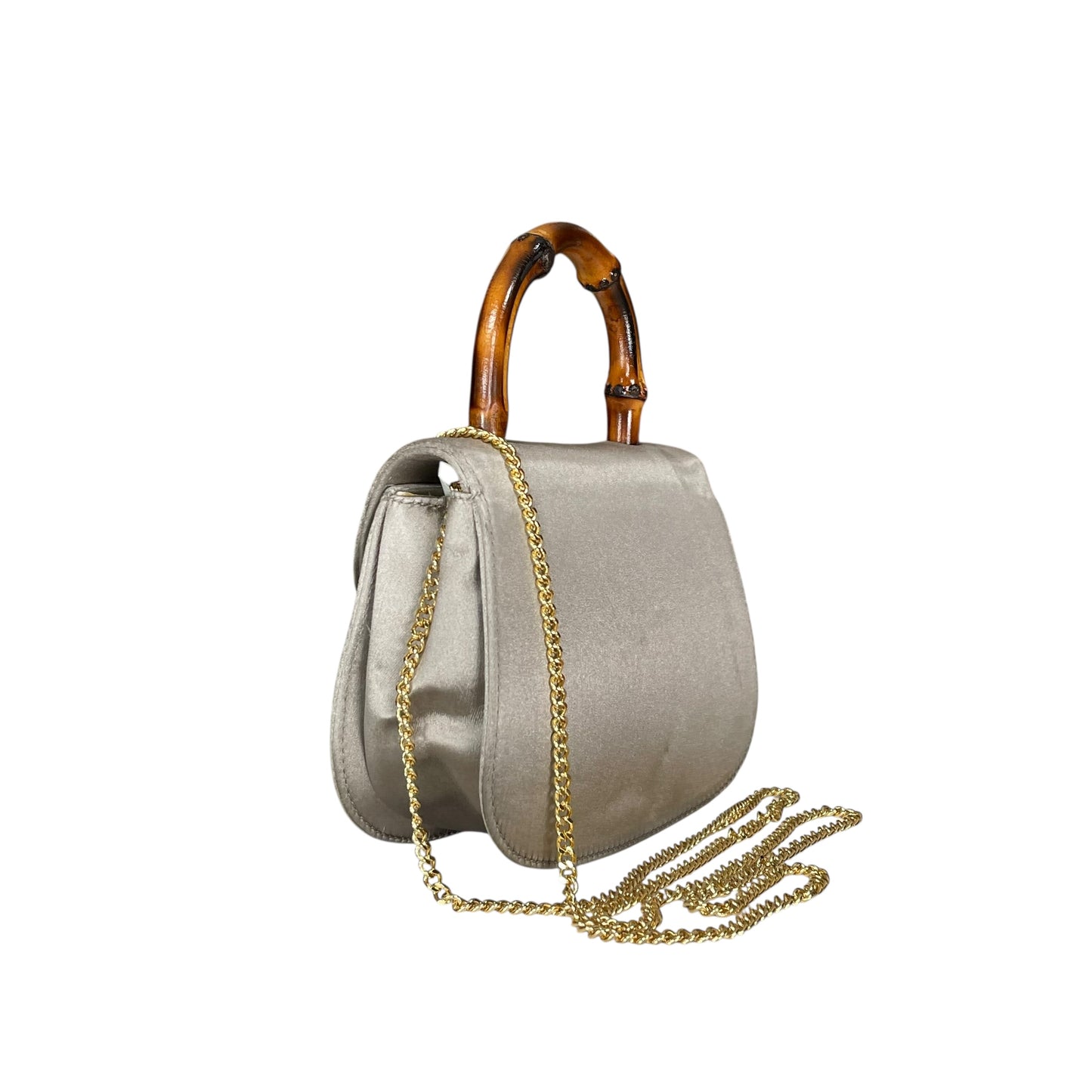 Gucci GG Mini 1947 StyleChampagne Satin GHW Bamboo 1990s Top Handle Crossbody