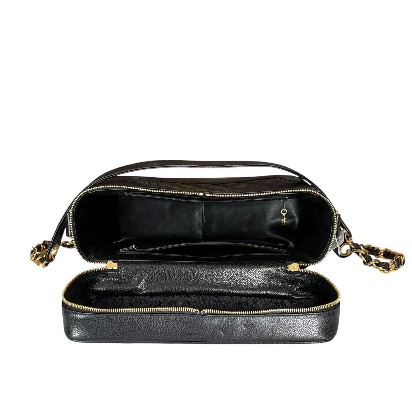 Chanel CC Cosmetic Camera Tolietry Vanity Caviar Black Leather 24K Plated 2 Way Purse