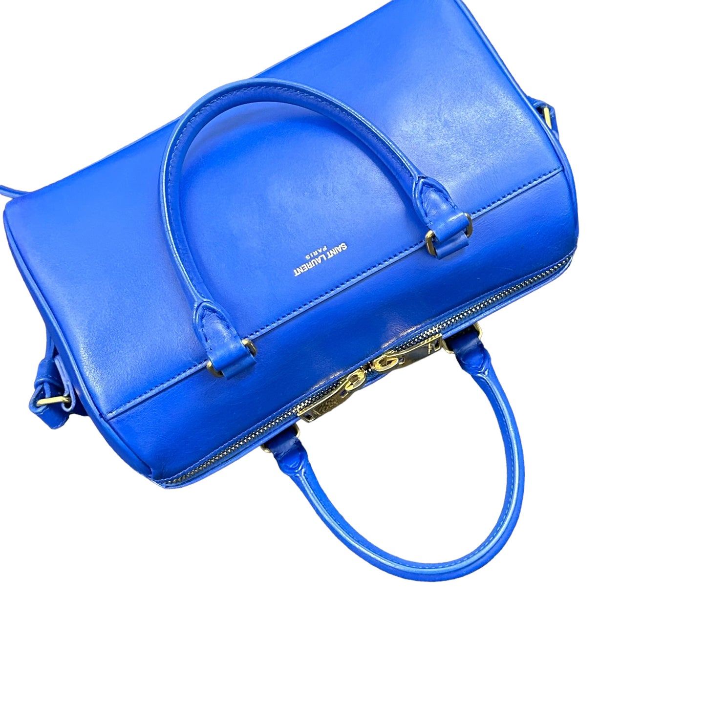 YSL Yves Saint Laurent Cobalt Blue Mini Calfskin Boston Two-Way Strap Speedy Bag