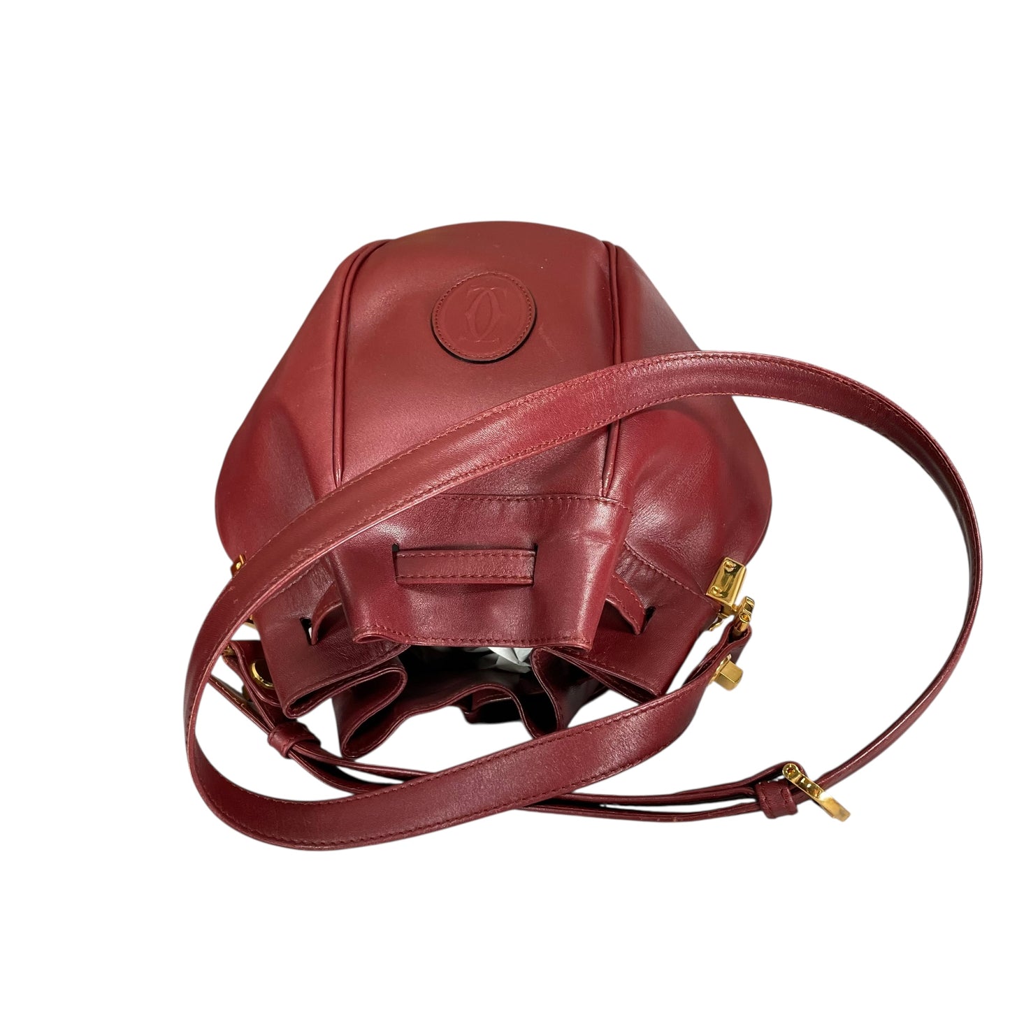 Cartier Burgundy Leather Medium Bucket Drawstring Crossbody Adjustable Purse