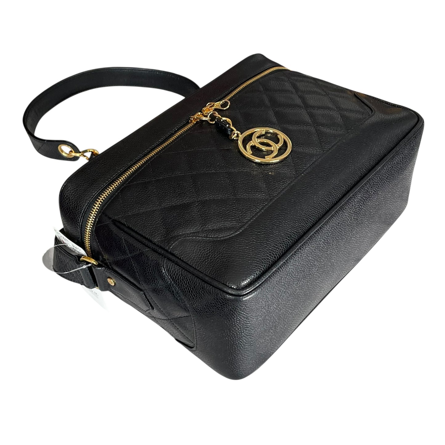 Chanel CC Cosmetic Camera Tolietry Vanity Caviar Black Leather 24K Plated 2 Way Purse