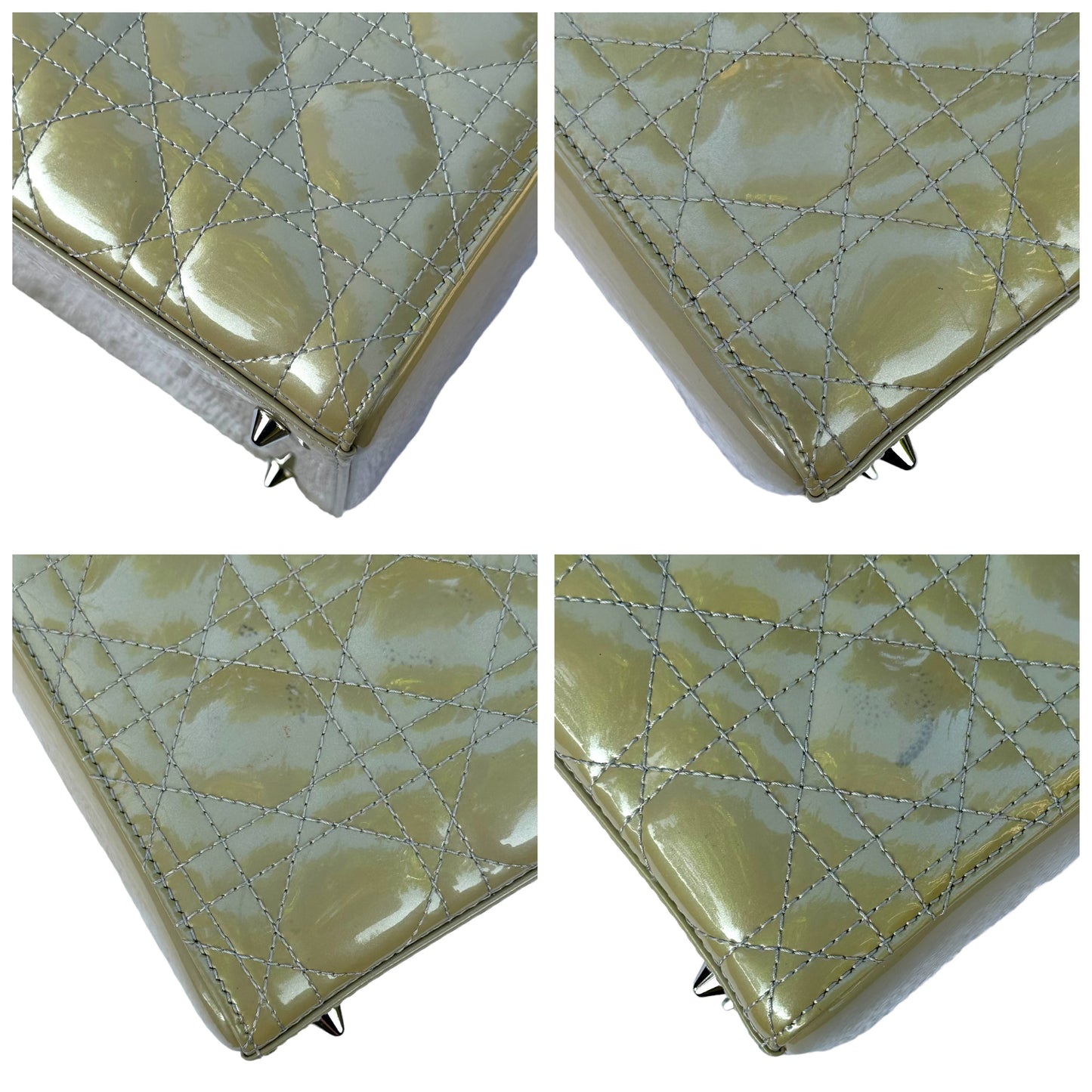 Christian Dior Lady Green Pearl Silver Cannage Patent Leather Zip Two-Way Purse