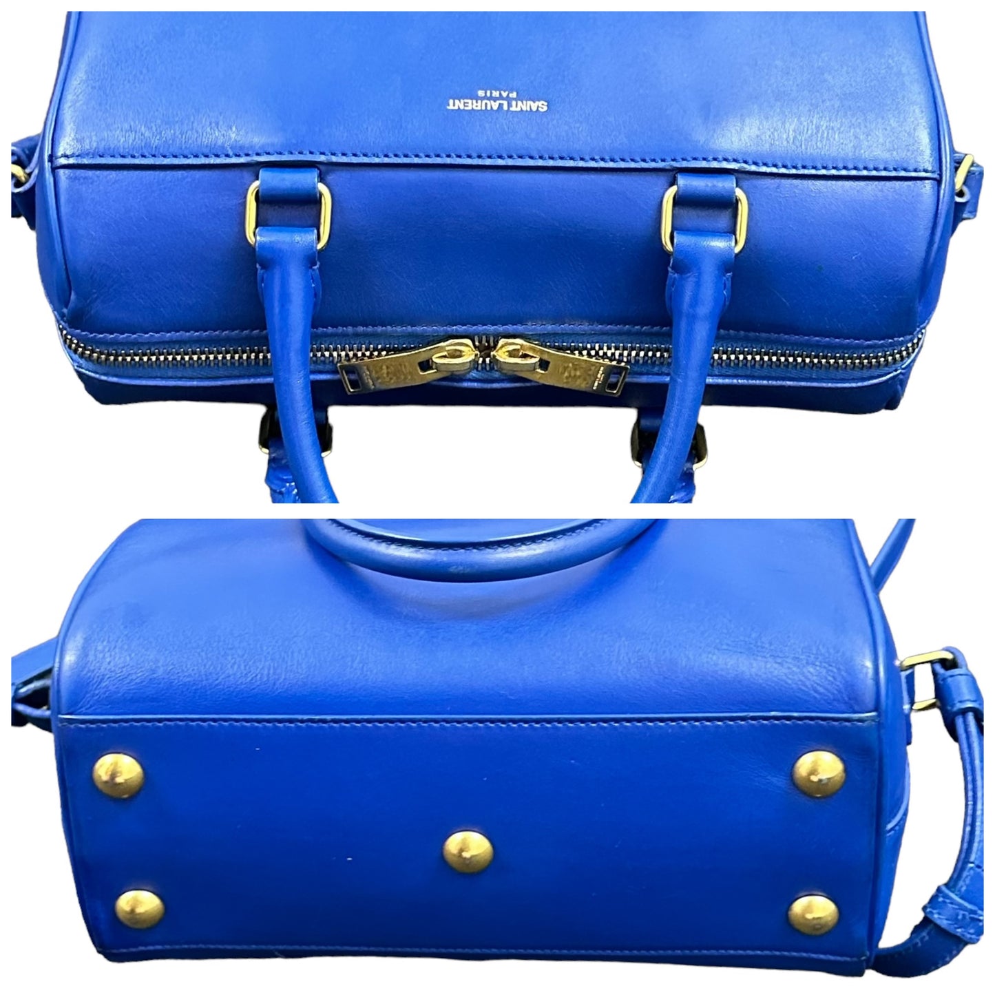 YSL Yves Saint Laurent Cobalt Blue Mini Calfskin Boston Two-Way Strap Speedy Bag