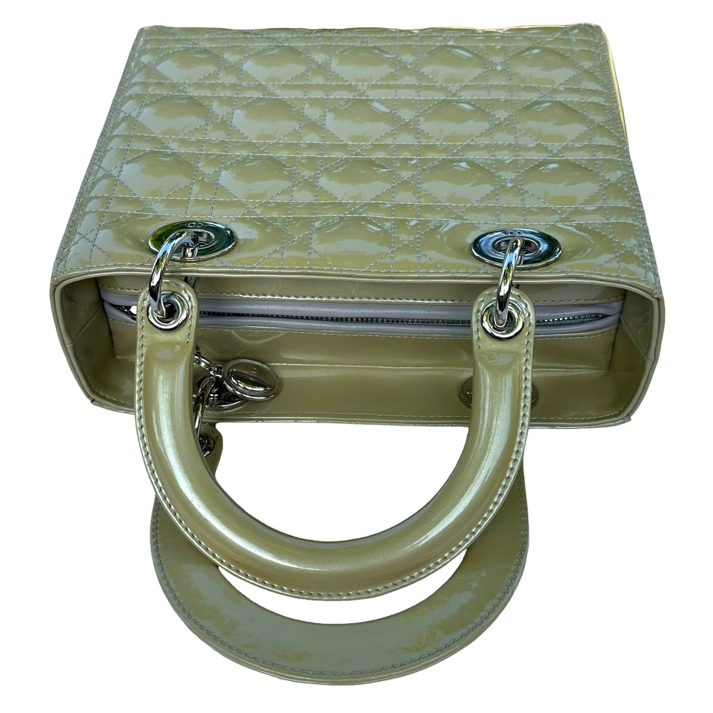 Christian Dior Lady Green Pearl Silver Cannage Patent Leather Zip Two-Way Purse