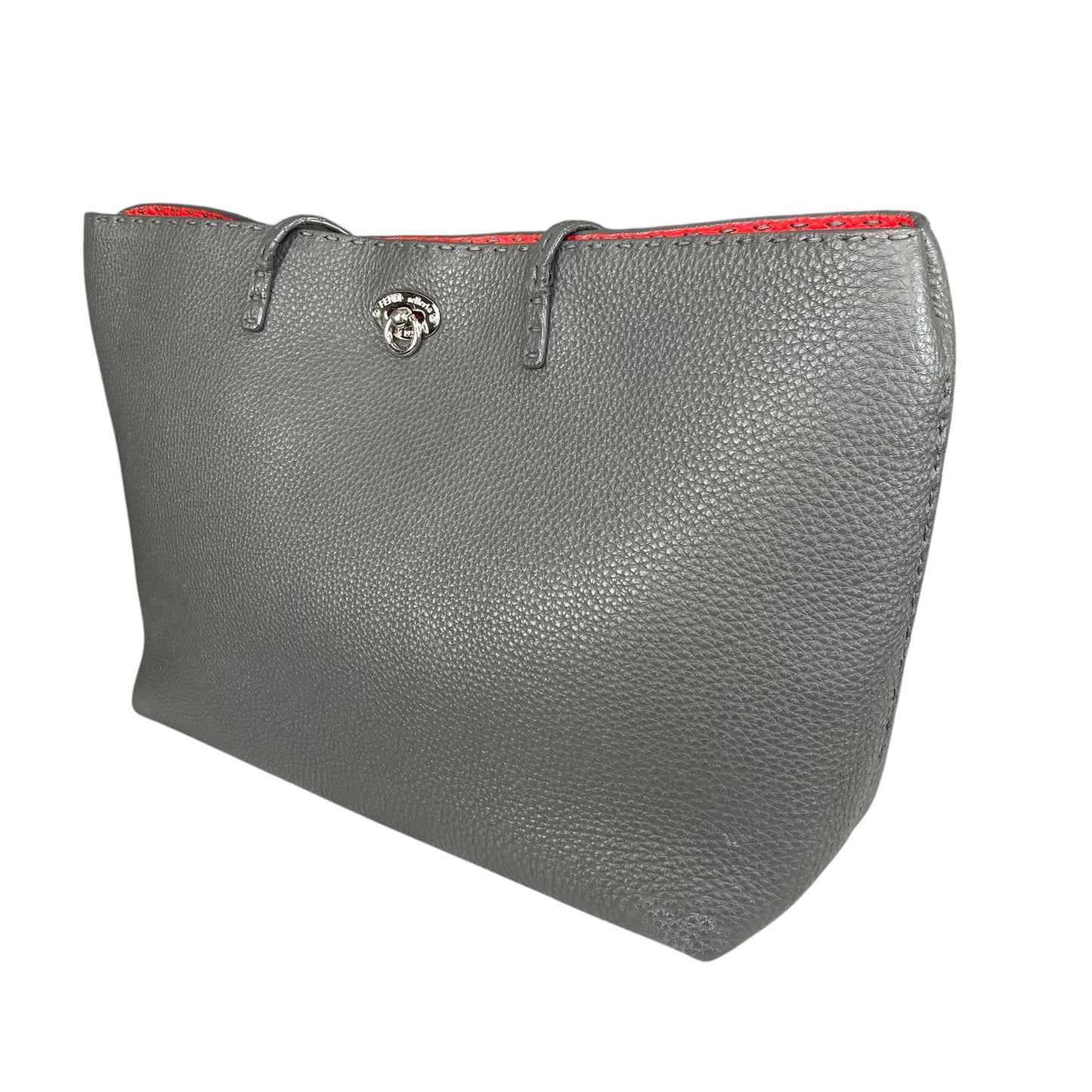 Fendi Selleria Grey / Red Sterling Silver Pebbled Leather Lock Medium Tote