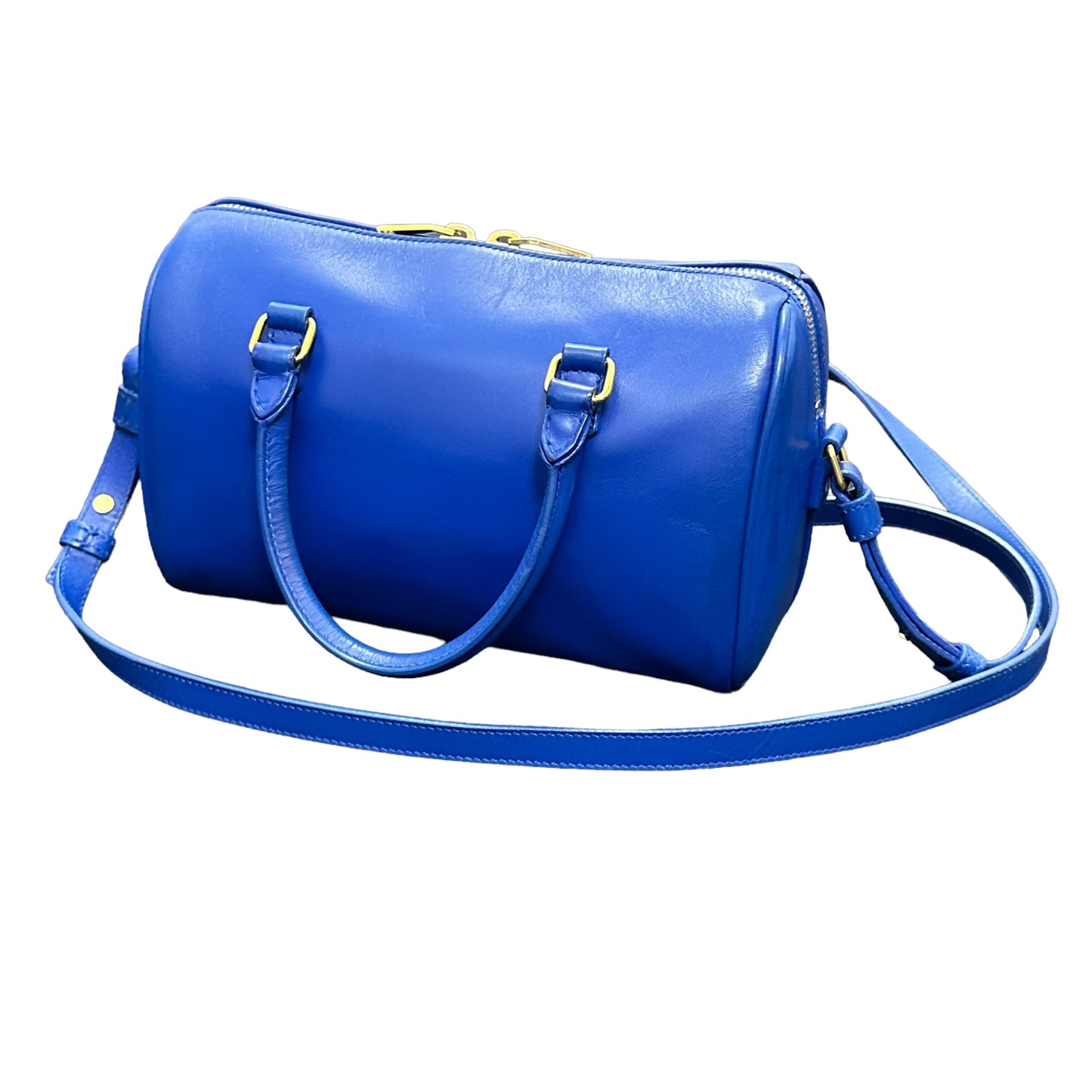 YSL Yves Saint Laurent Cobalt Blue Mini Calfskin Boston Two-Way Strap Speedy Bag