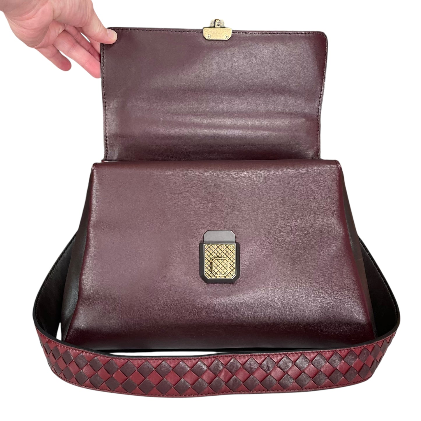 Bottega Veneta Piazza Tri-Color Leather Medium Top Handle Woven Strap Crossbody Purse