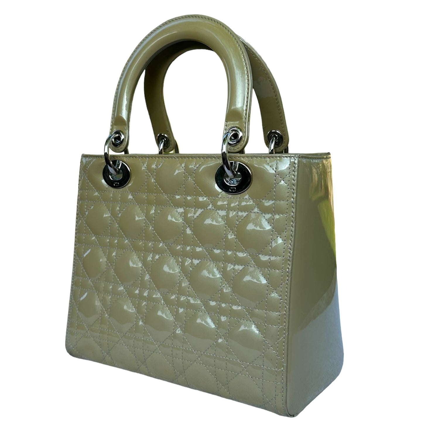 Christian Dior Lady Green Pearl Silver Cannage Patent Leather Zip Two-Way Purse