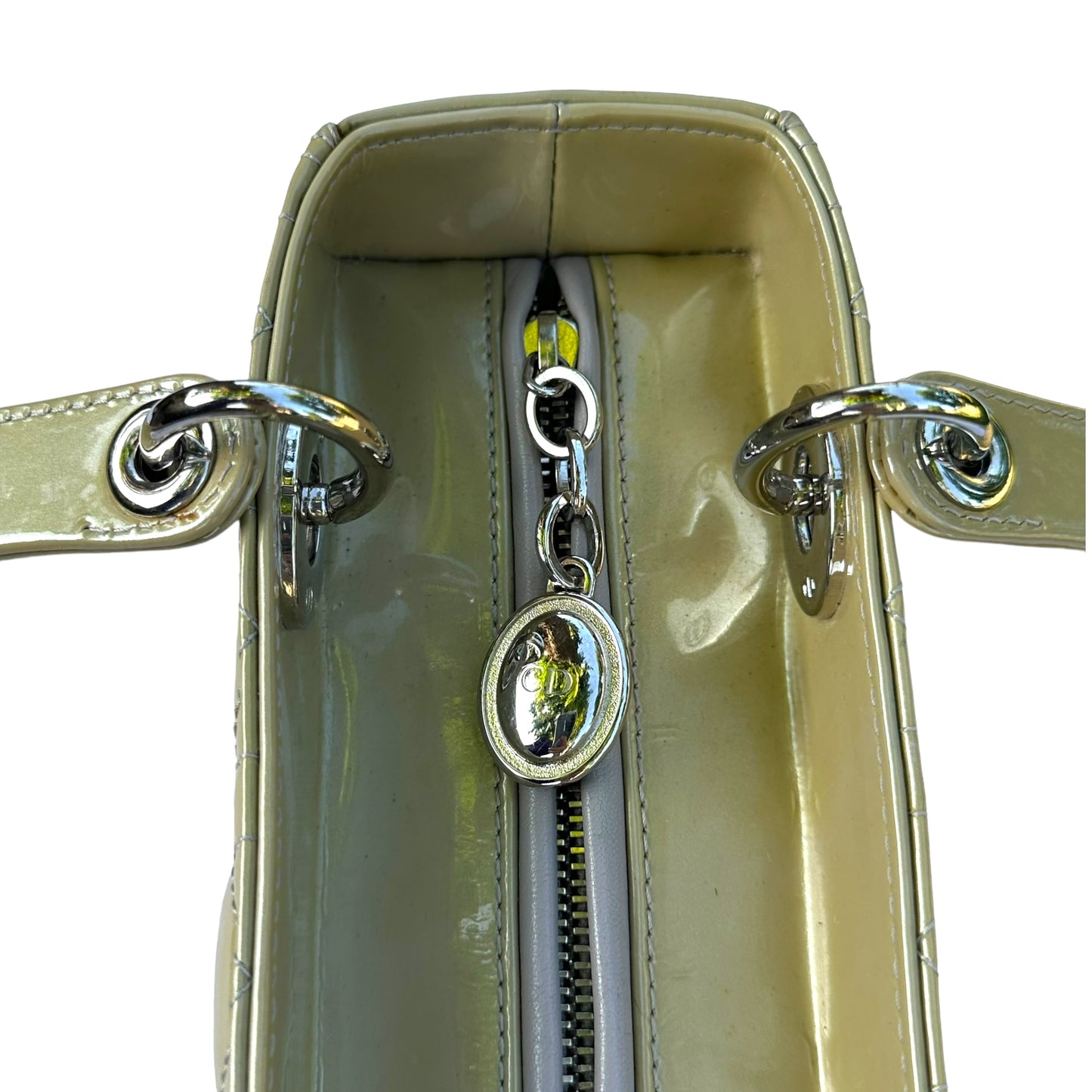 Christian Dior Lady Green Pearl Silver Cannage Patent Leather Zip Two-Way Purse