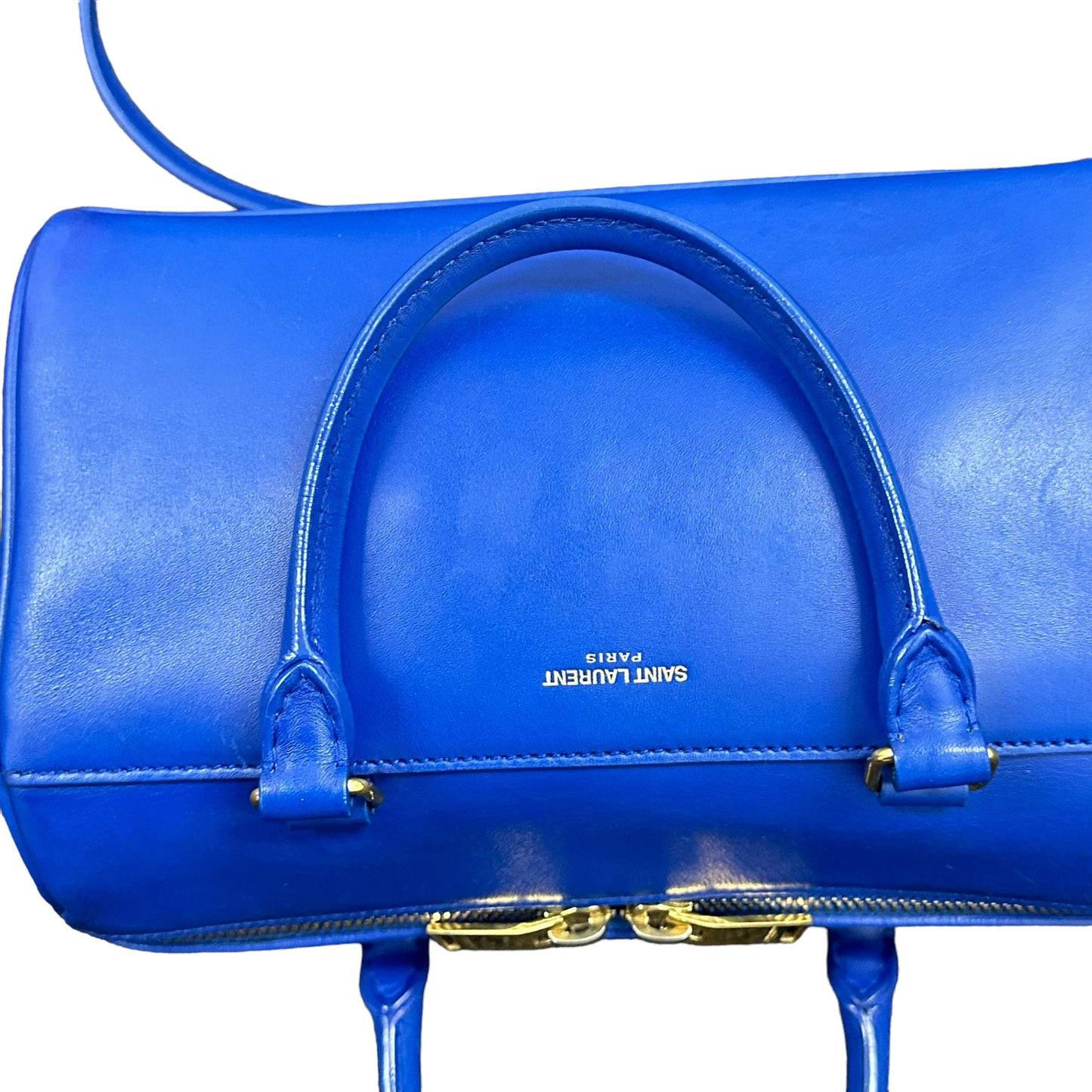 YSL Yves Saint Laurent Cobalt Blue Mini Calfskin Boston Two-Way Strap Speedy Bag
