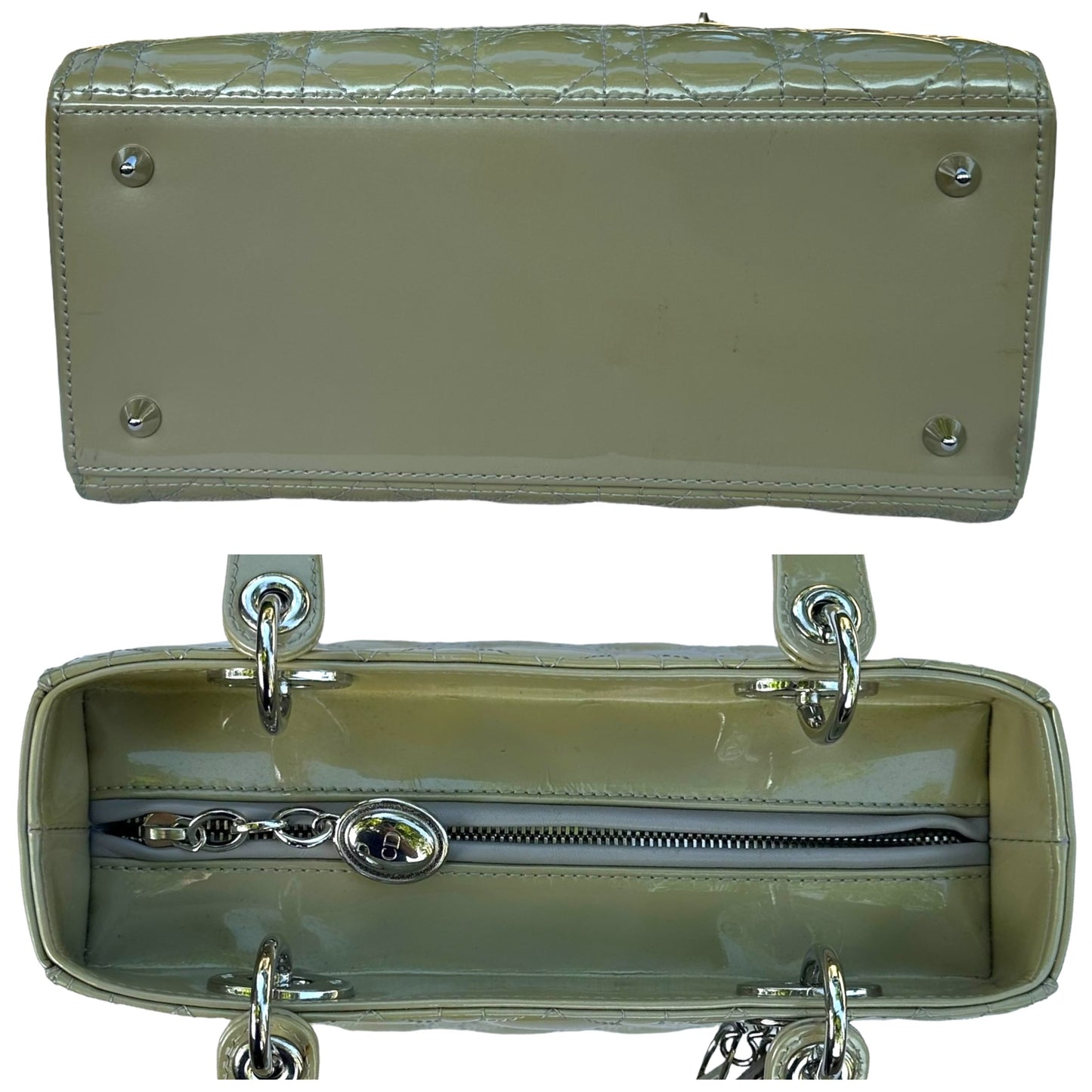 Christian Dior Lady Green Pearl Silver Cannage Patent Leather Zip Two-Way Purse