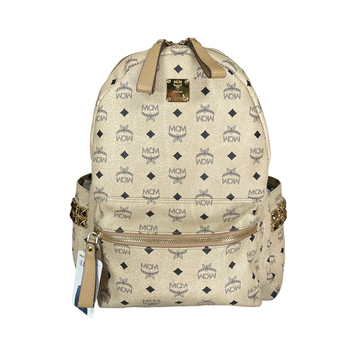 MCM Viestos GHW Studded Creme Pebbled Canvas 15" Laptop Bag Backpack