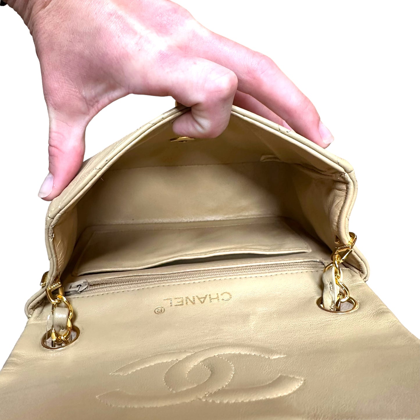 Chanel CC 24K Mini Square Flip Beige Lambskin Gold Plated Hardware