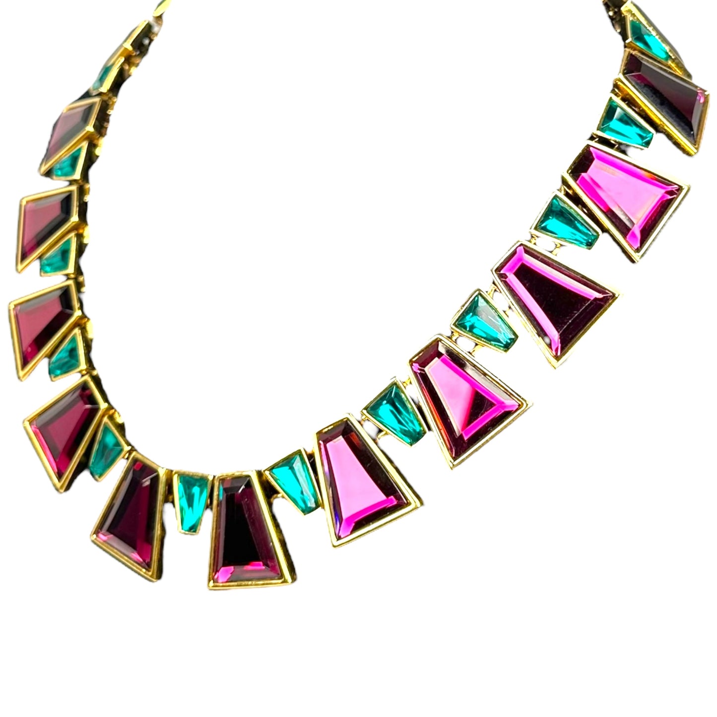 YSL 24K Plated Raspberry Peacock Trapezoid Swarovski Egyptian Mardi Gras Necklace 18"