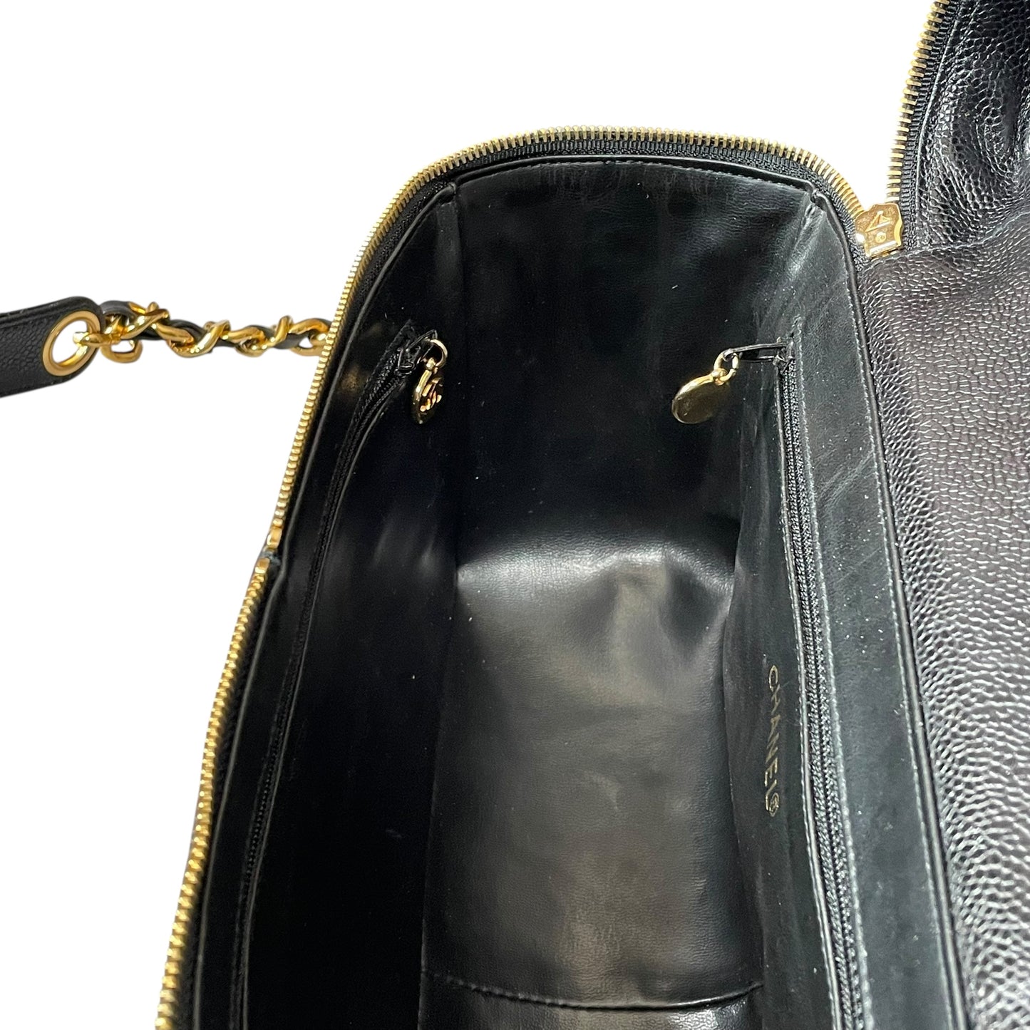 Chanel CC Cosmetic Camera Tolietry Vanity Caviar Black Leather 24K Plated 2 Way Purse