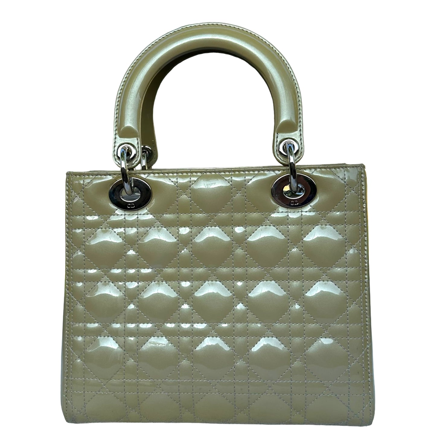 Christian Dior Lady Green Pearl Silver Cannage Patent Leather Zip Two-Way Purse