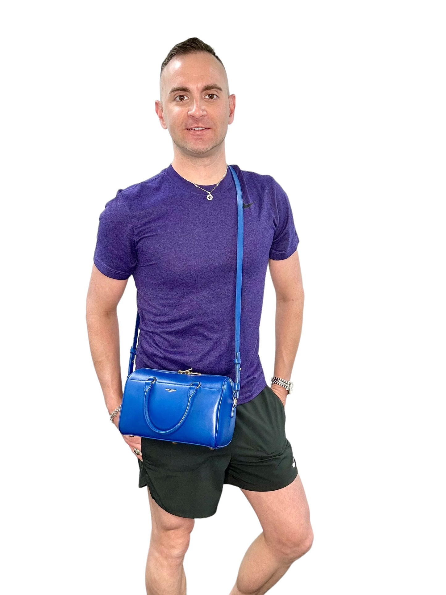 YSL Yves Saint Laurent Cobalt Blue Mini Calfskin Boston Two-Way Strap Speedy Bag