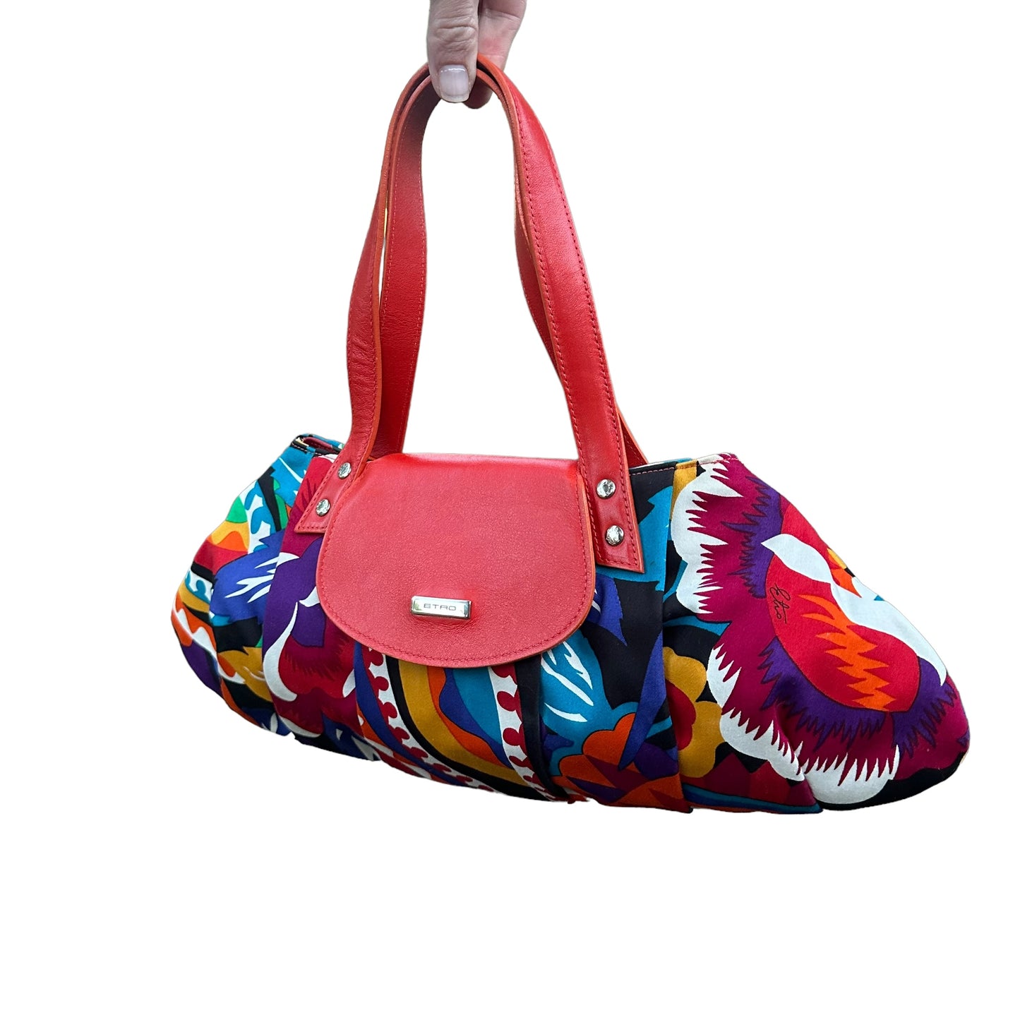 Etro Floral Canvas Fabric Multi Color Leather East West Shoulder Purse