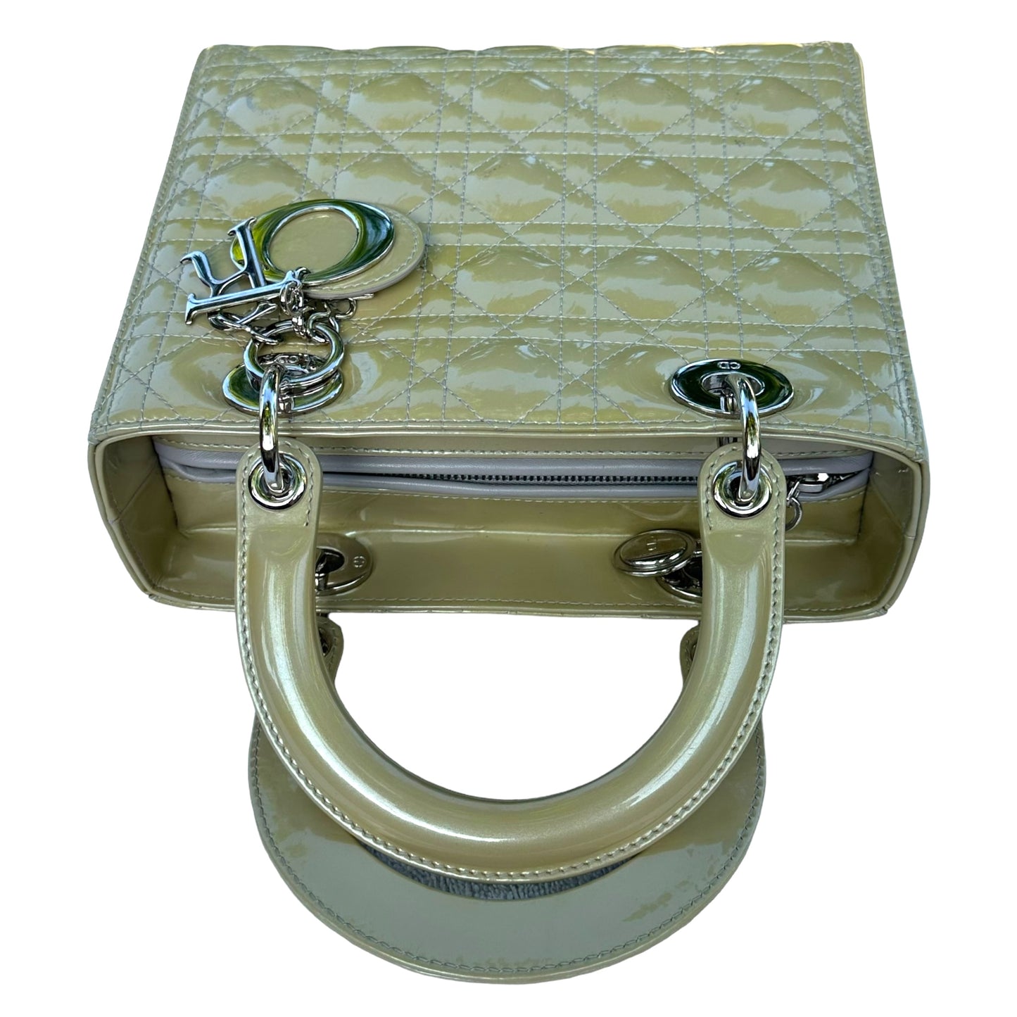 Christian Dior Lady Green Pearl Silver Cannage Patent Leather Zip Two-Way Purse