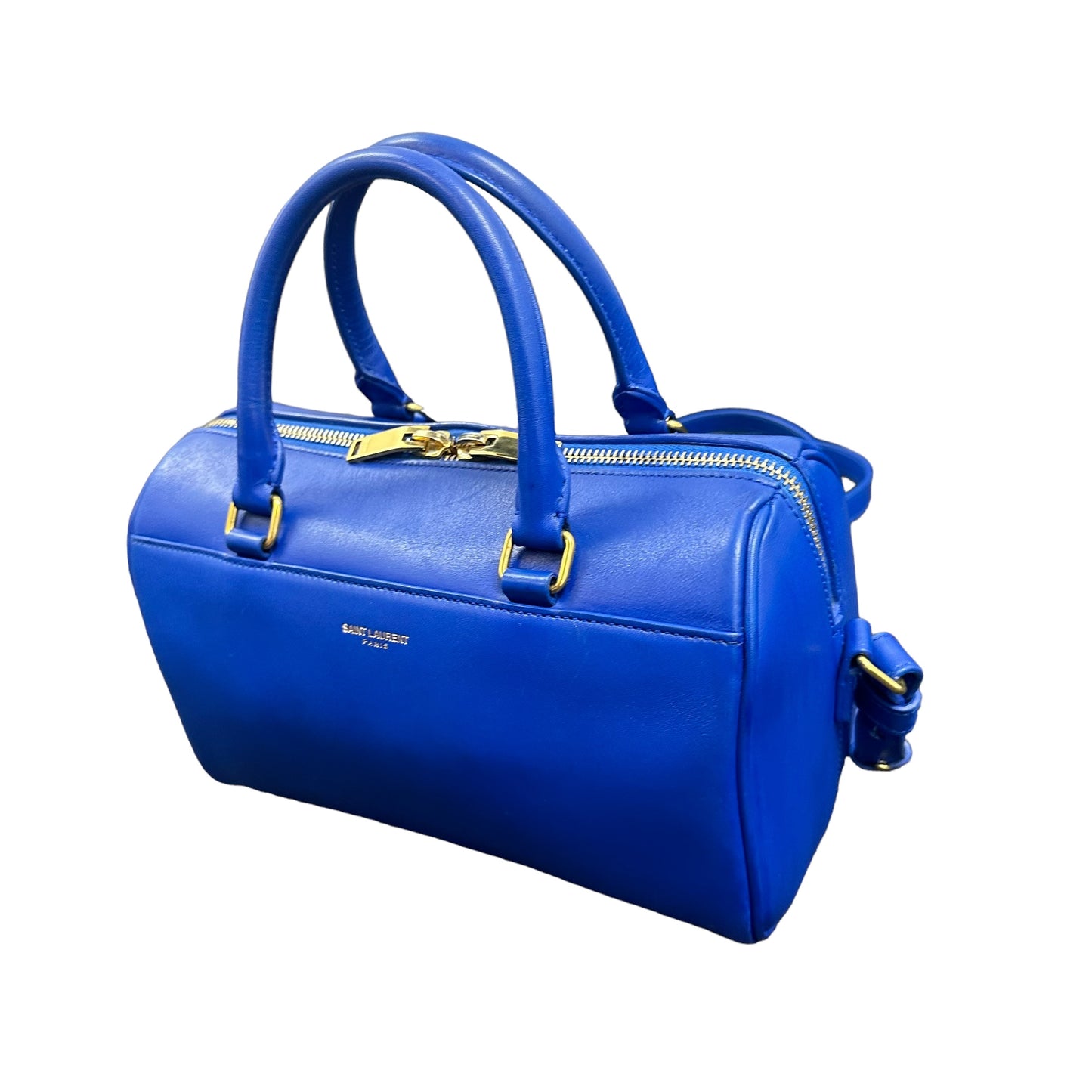 YSL Yves Saint Laurent Cobalt Blue Mini Calfskin Boston Two-Way Strap Speedy Bag