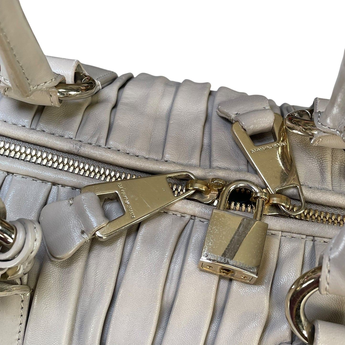 Emporio Armani Pleated GHW Leather Satchel Taupe Lock Key Crossbody Boston Bag