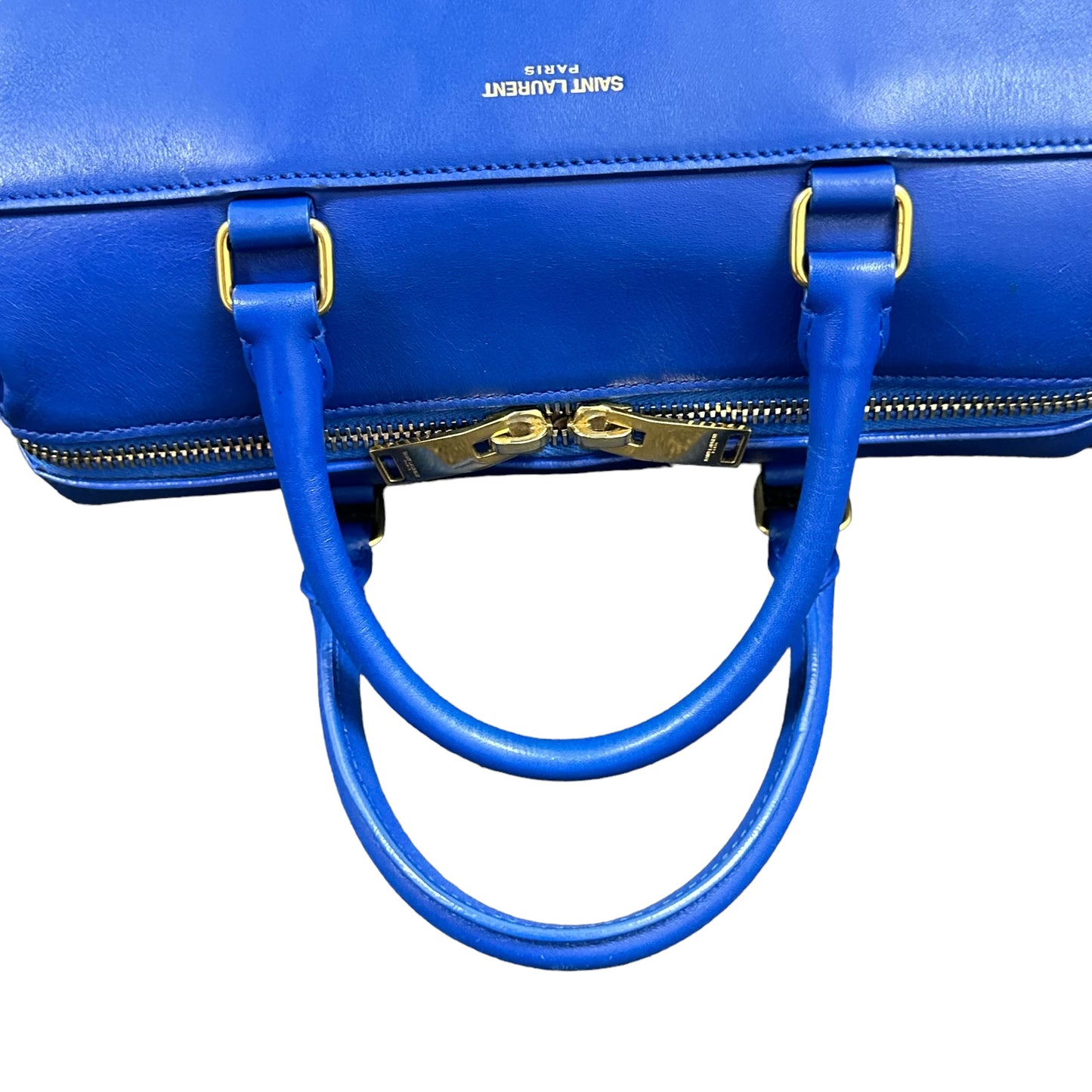 YSL Yves Saint Laurent Cobalt Blue Mini Calfskin Boston Two-Way Strap Speedy Bag