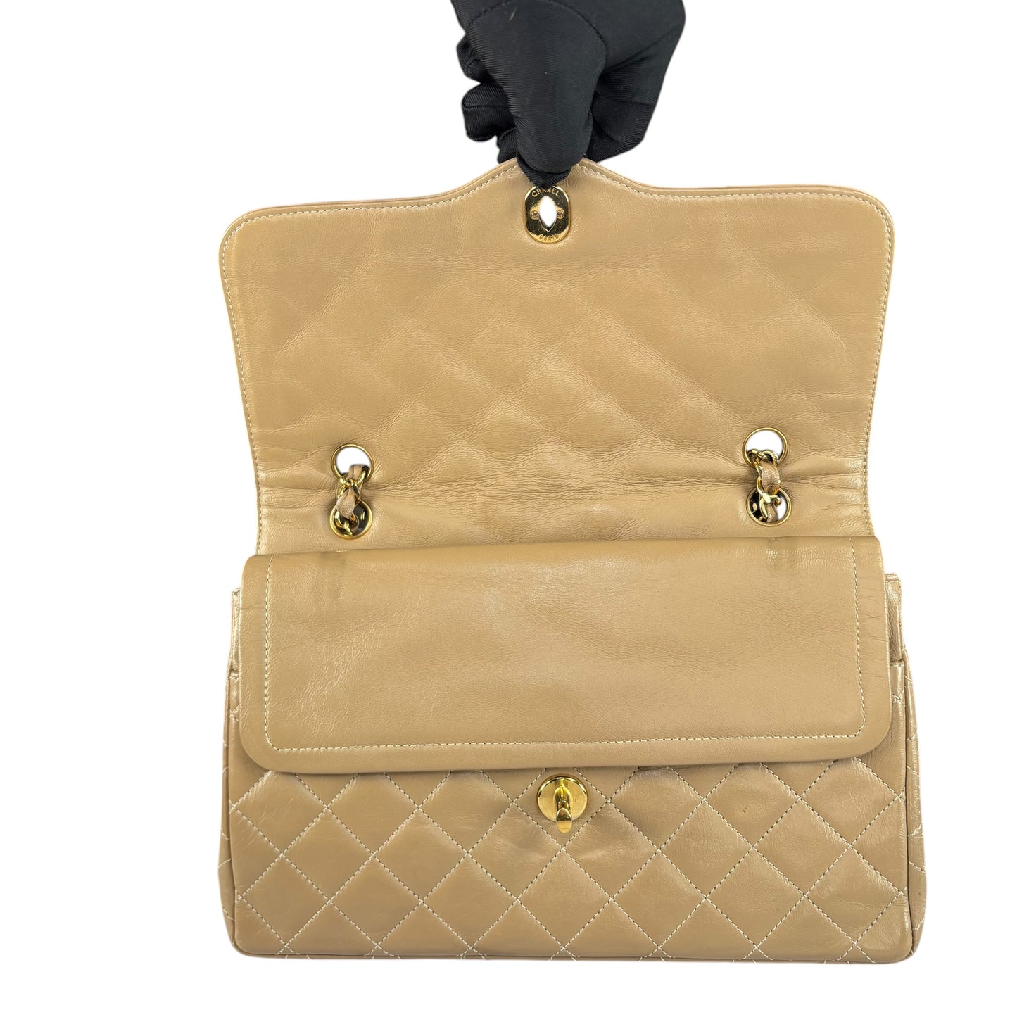 Chanel Paris Limited Beige Double Flap Quilted Lambskin Shoulder Purse