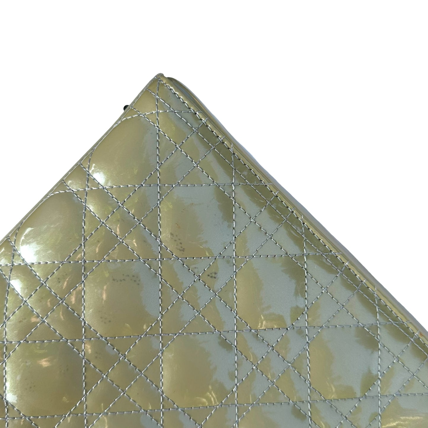 Christian Dior Lady Green Pearl Silver Cannage Patent Leather Zip Two-Way Purse