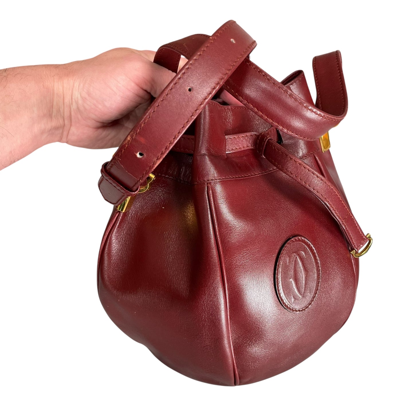 Cartier Burgundy Leather Medium Bucket Drawstring Crossbody Adjustable Purse