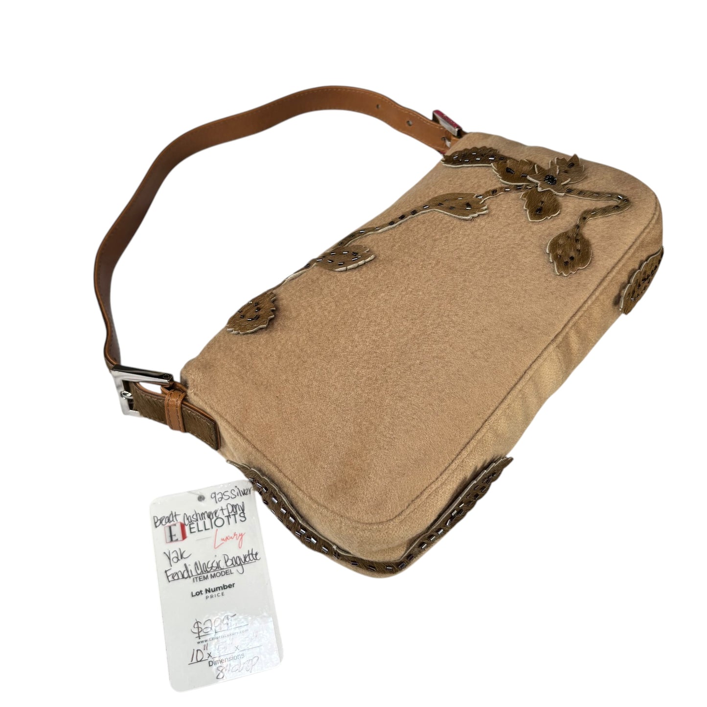 Fendi Y2K Cashmere Brown Pony Floral Beaded Baguette
