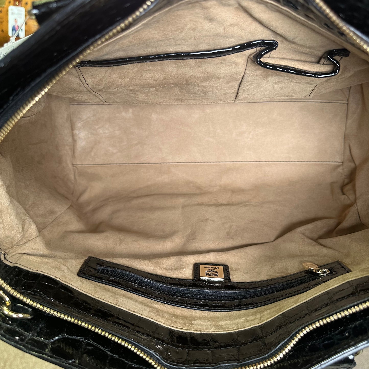MCM Vinyl Black Checkered Python Croc Embossed Gold Zip Tote Shoulder Satchel