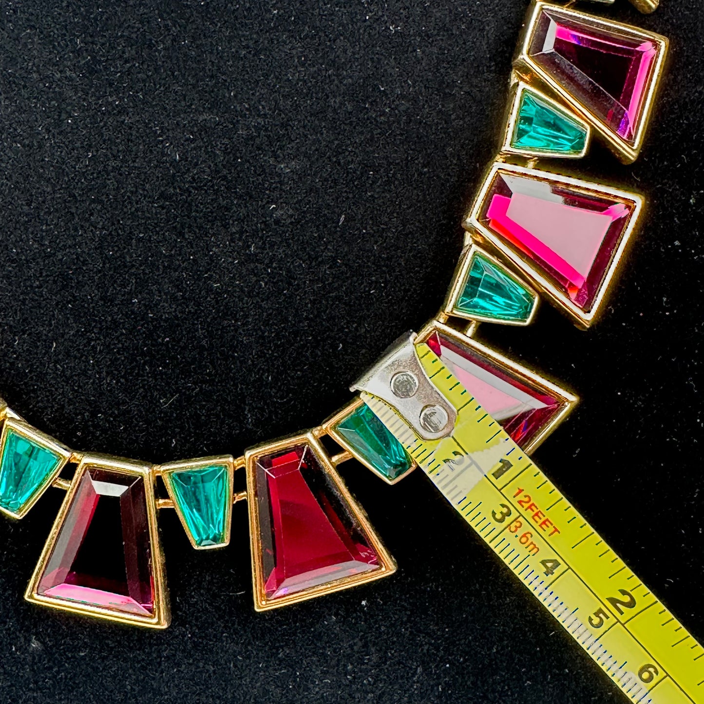 YSL 24K Plated Raspberry Peacock Trapezoid Swarovski Egyptian Mardi Gras Necklace 18"