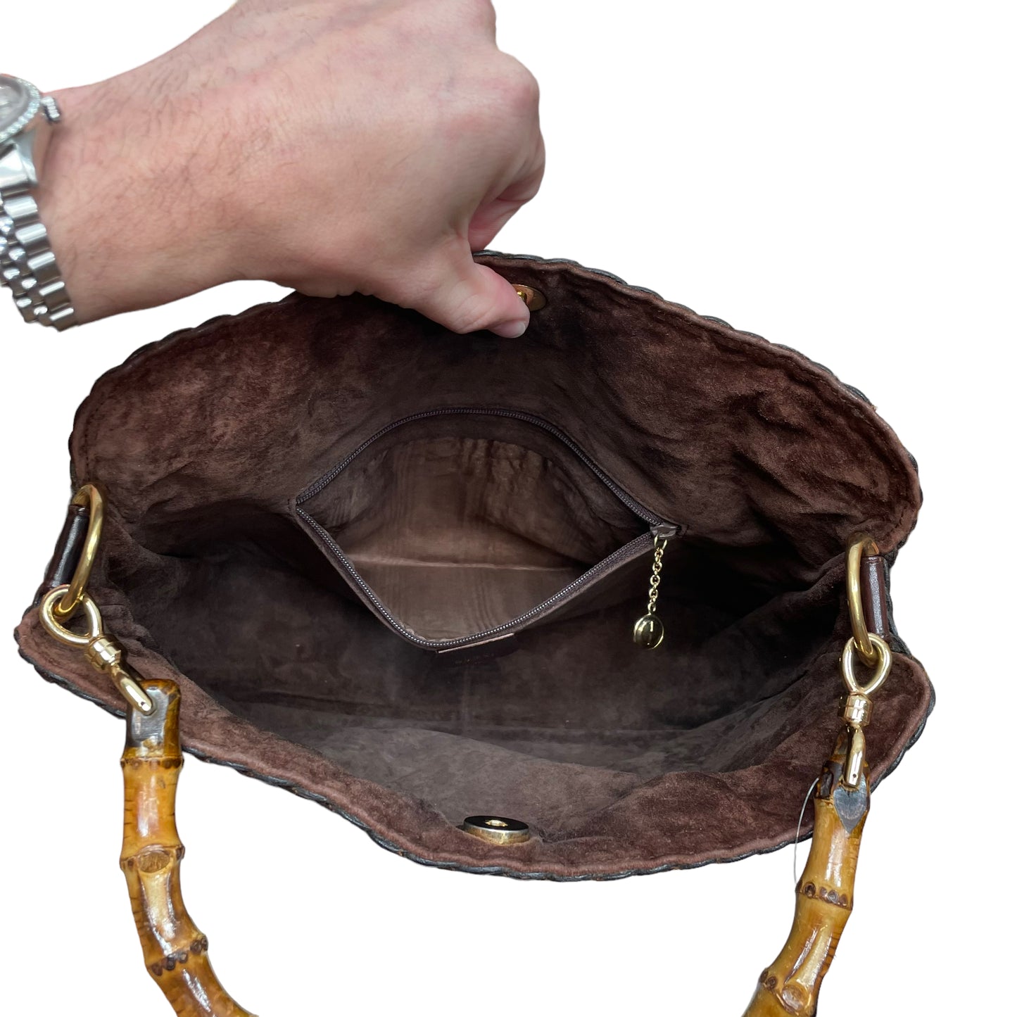 Gucci GG Coco Brown Mirco Basket Weave Bamboo Woven Shoulder Purse