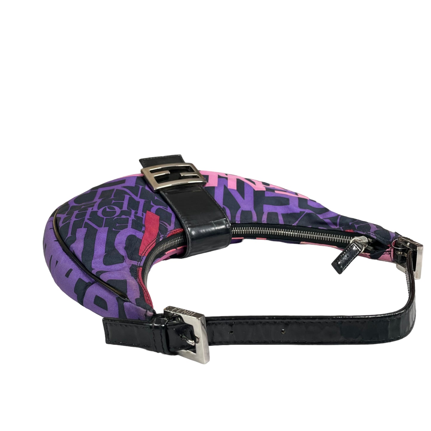 Fendi FF Croissant Graffiti Monogram Purple Black Patent Leather Sterling Shoulder Purse