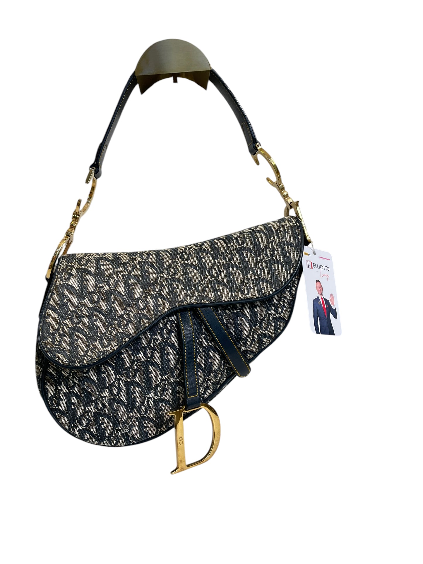 Christian Dior Oblique Classic Navy Trotter Monogram Gold Saddle Flap Shoulder Bag