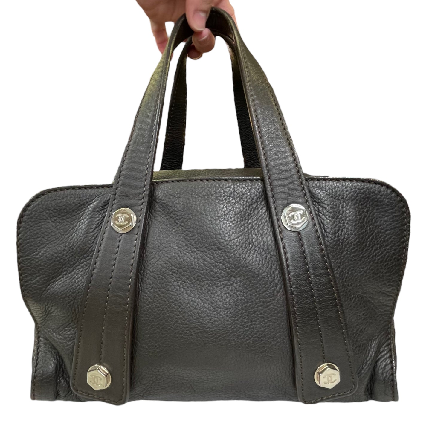 Chanel CC Deerskin Bowler Boston Dark Brown Studded Bolt Tote Hand Bag