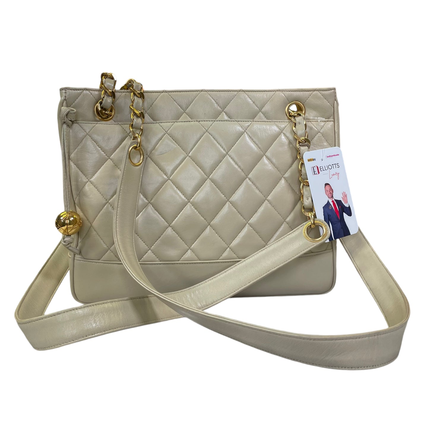 Chanel CC Matelasse Ivory Lambskin 24K Plated Chained Shoulder Three File Snap Purse