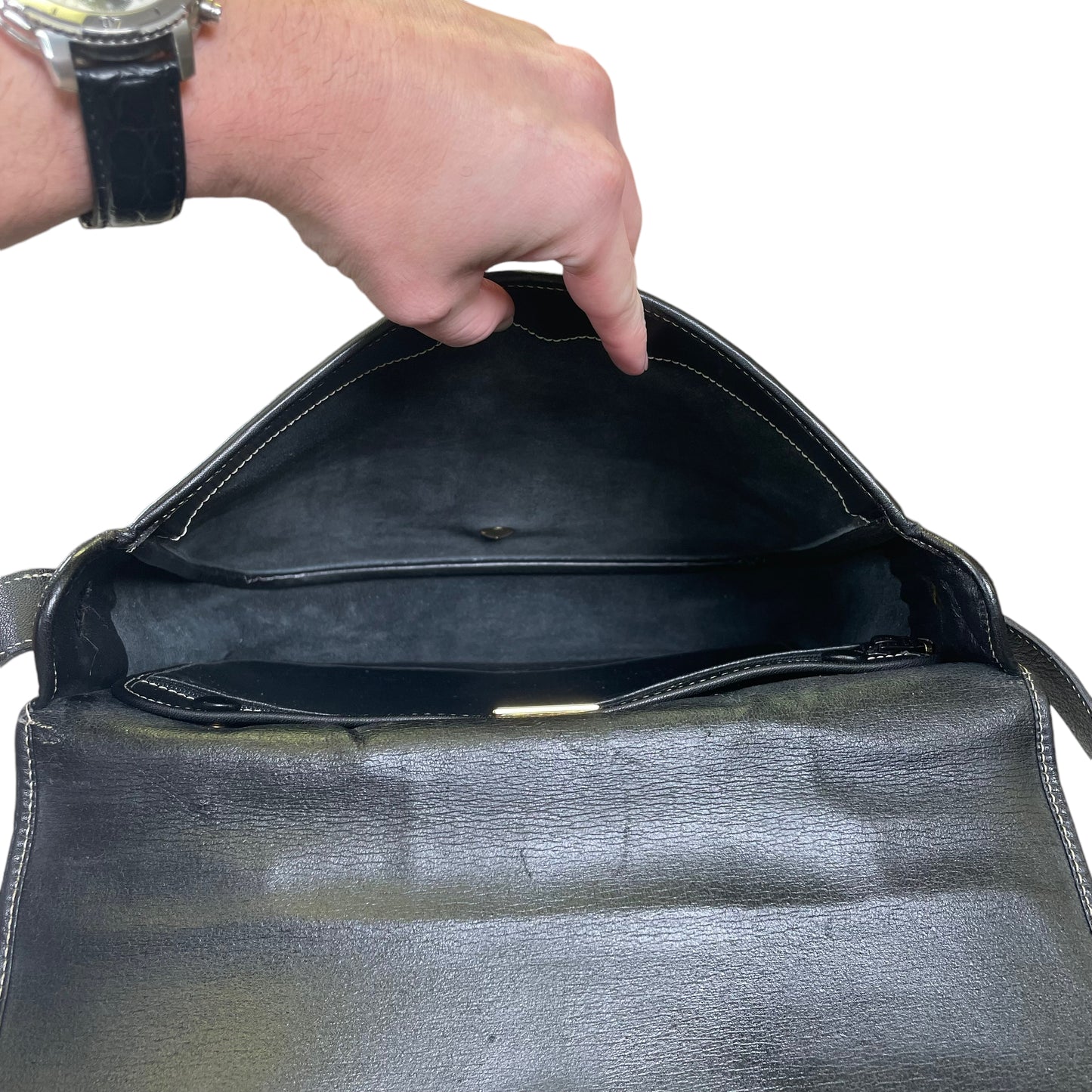 Christian Dior CD Logo Stitched Black Flap Leather Medium Crossbody Shoulder Purse