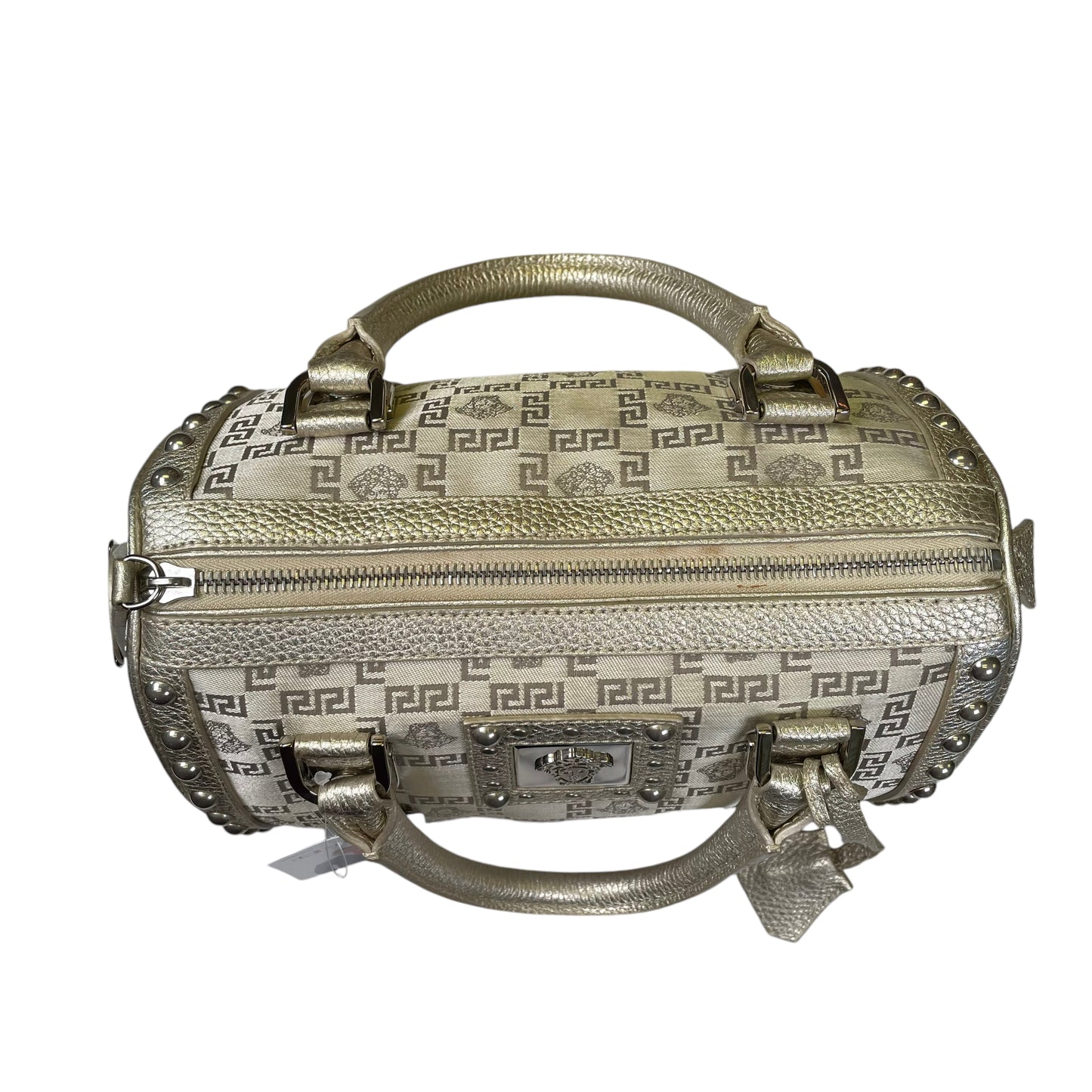 Versace Mini Snap Out of It Metallic Greek Key Jacquard Leather Boston Speedy Purse