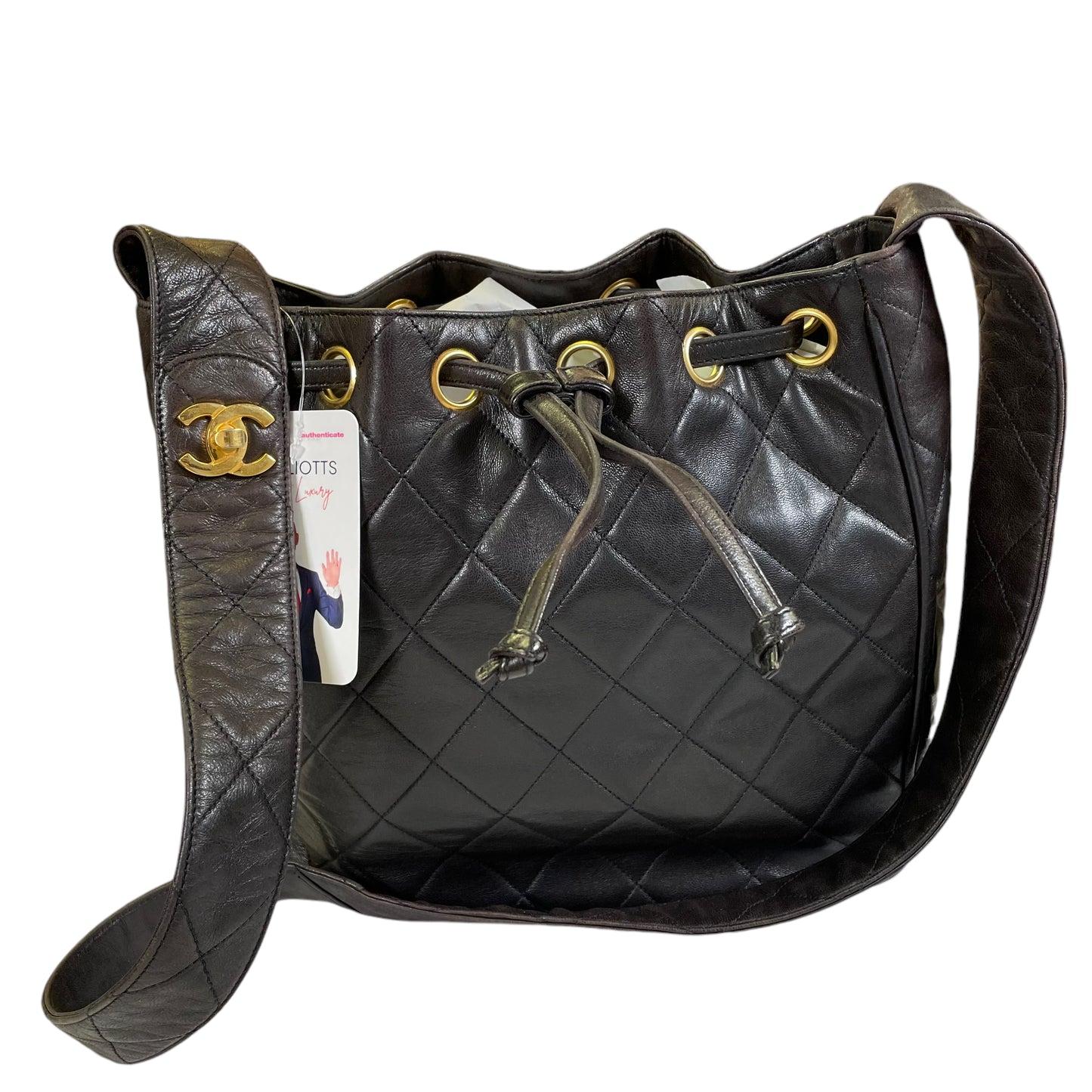 Chanel CC Gabrielle Dark Brown Quilted Lamb Leather Shoulder Hobo Drawstring Shoulder Purse