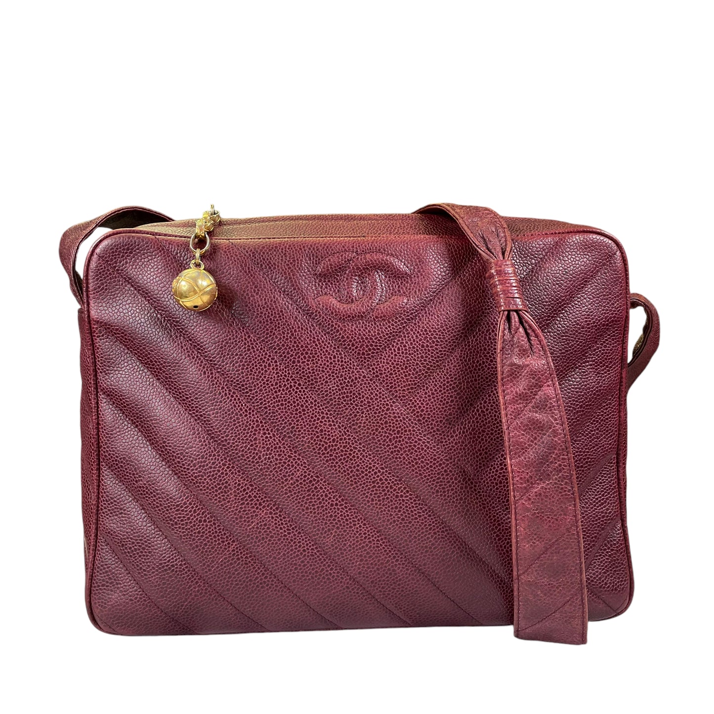 Chanel CC Chevron Caviar Leather Medium Burgundy Camera Shoulder Purse