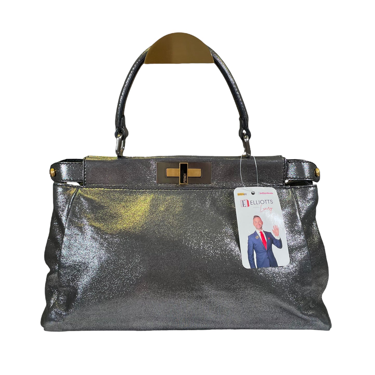 Fendi Peek A Boo Silver Glitter Shimmer Coated Canvas North South 2 Way Top Handle Shoulder Purse