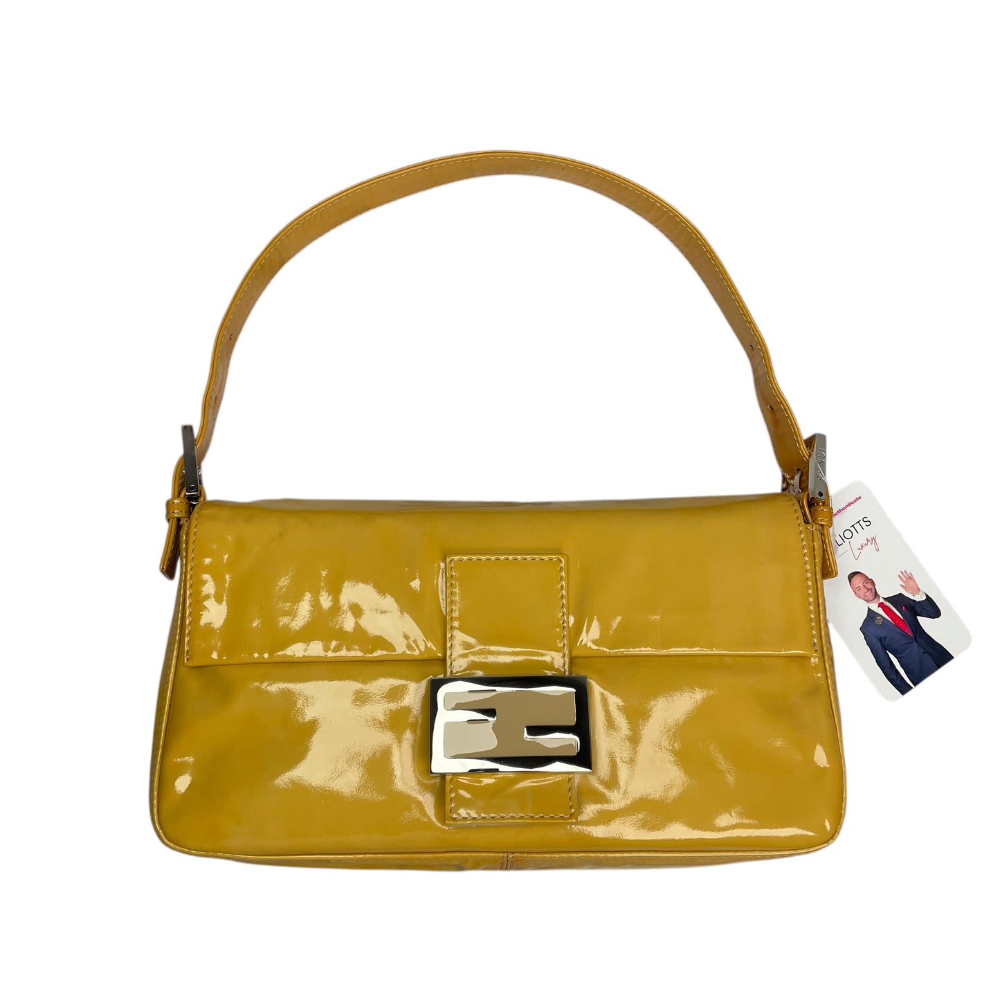 Fendi FF Mustard Yellow Classic Baguette Patent Leather Silver Shoulder Purse