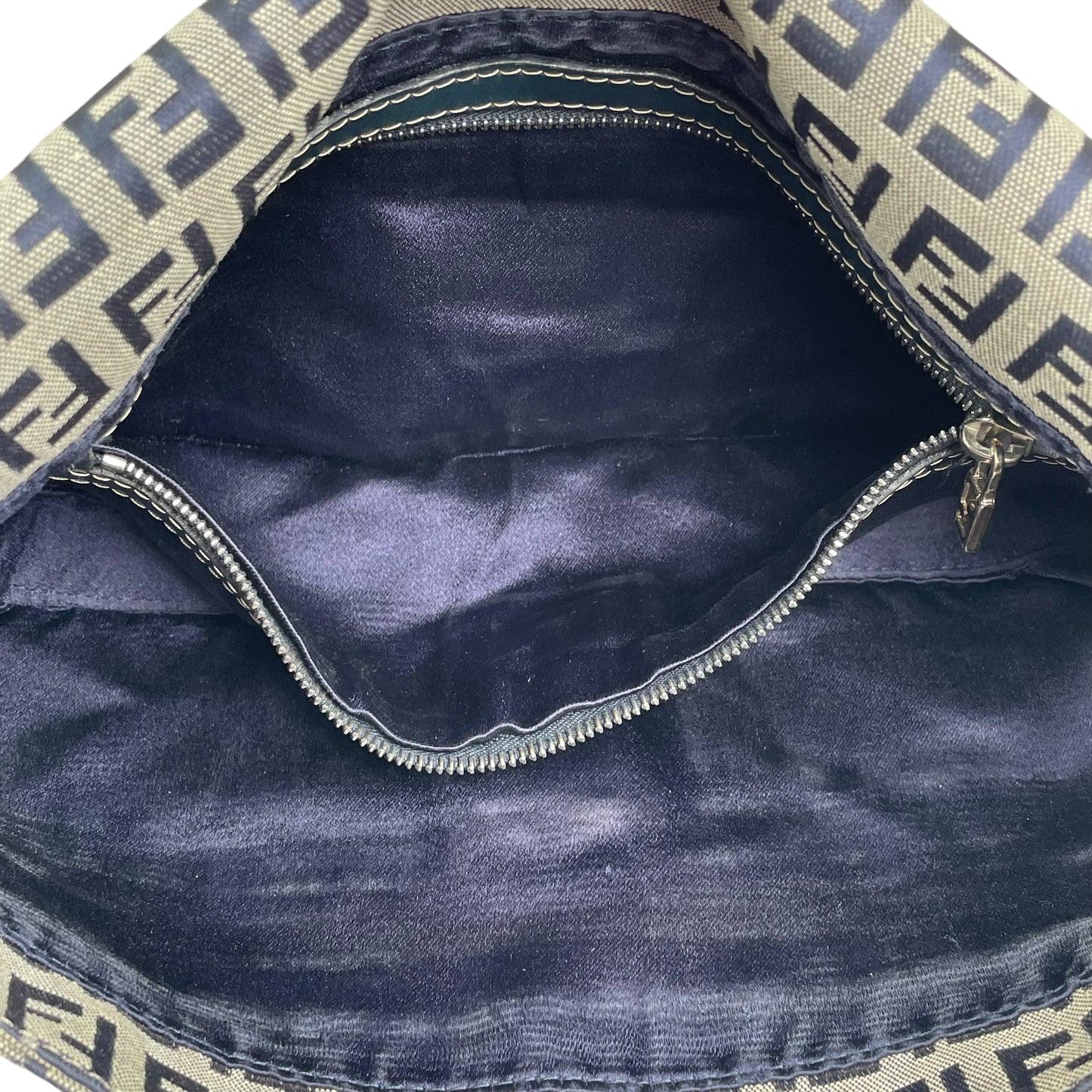Fendi Classic Baguette Zucchino Navy Canvas Silver Leather Shoulder Purse