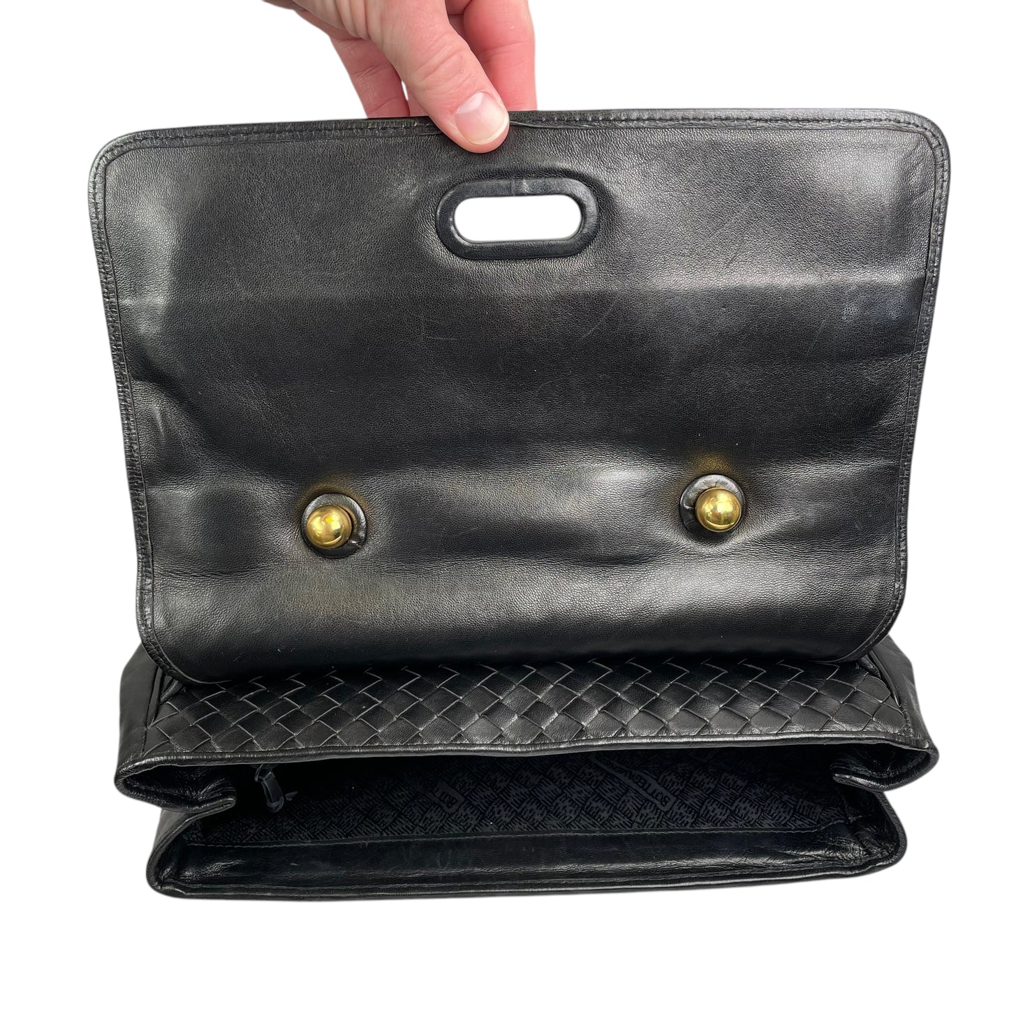 Bottega Veneta Black Intrecciato Leather Woven Top Handle Flap Turn-Lock Purse