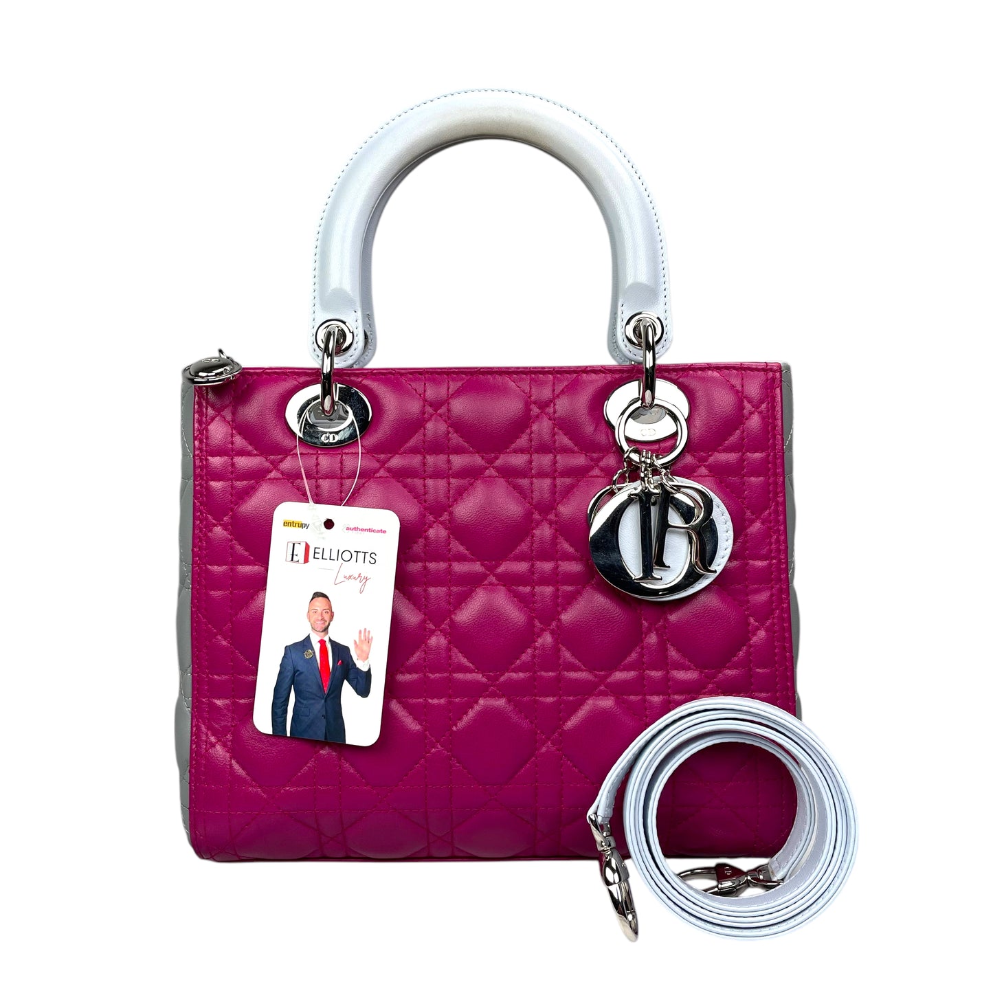 Christian Dior Lady Dior Cannage Limited Tri-Color Magenta Pale Blue Gray Purse