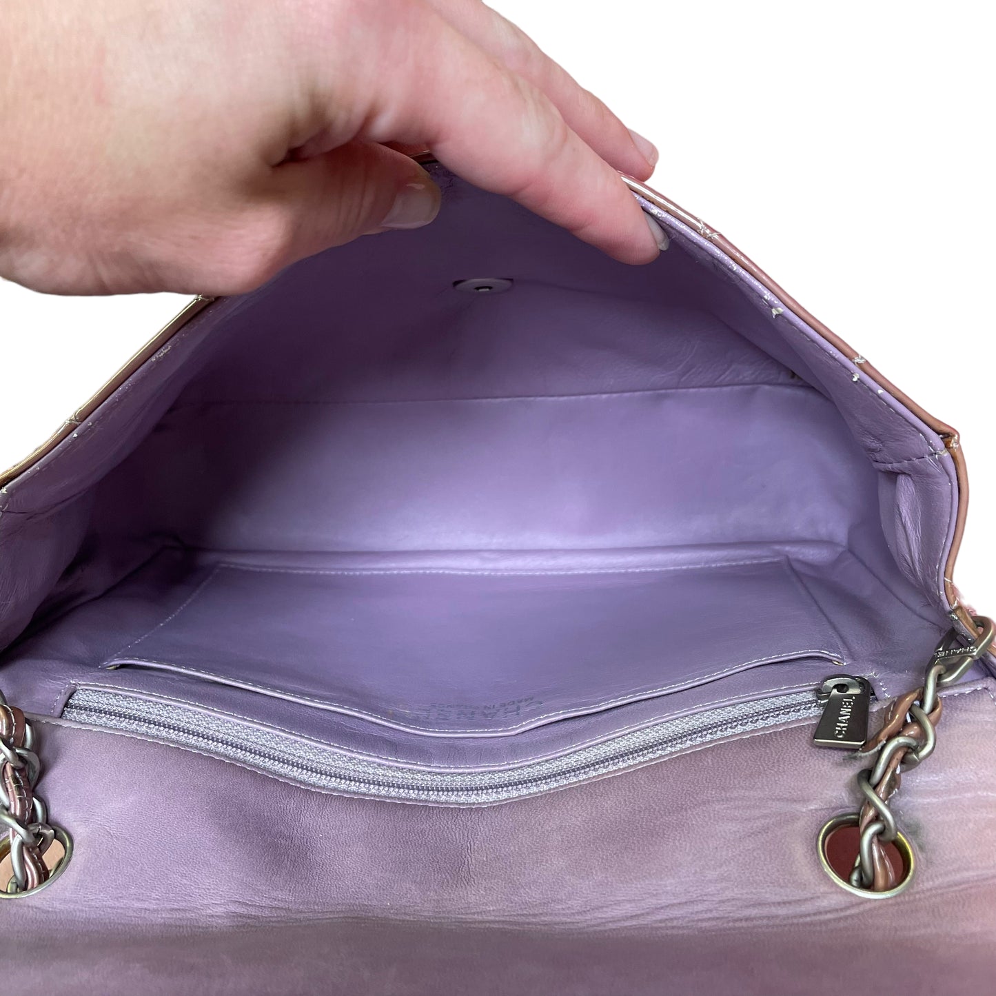 Chanel CC Purple Lilac Patent Brushed Silver Smokey Lilac Lambskin Single Flap